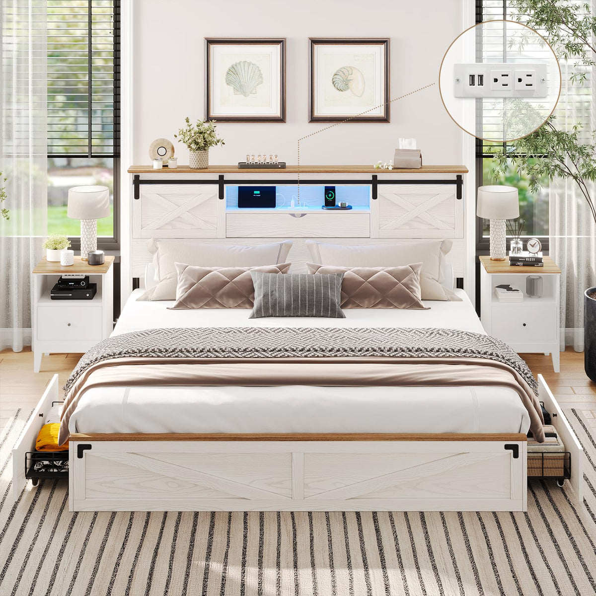 Hasuit Farmhouse Bed Frame Queen Size With Storage Bookcase Headboard, Wooden Queen Bed With Led Lights, Charging Station, 2 Drawers, Country Rustic Bed Frame With Sliding Barn Door