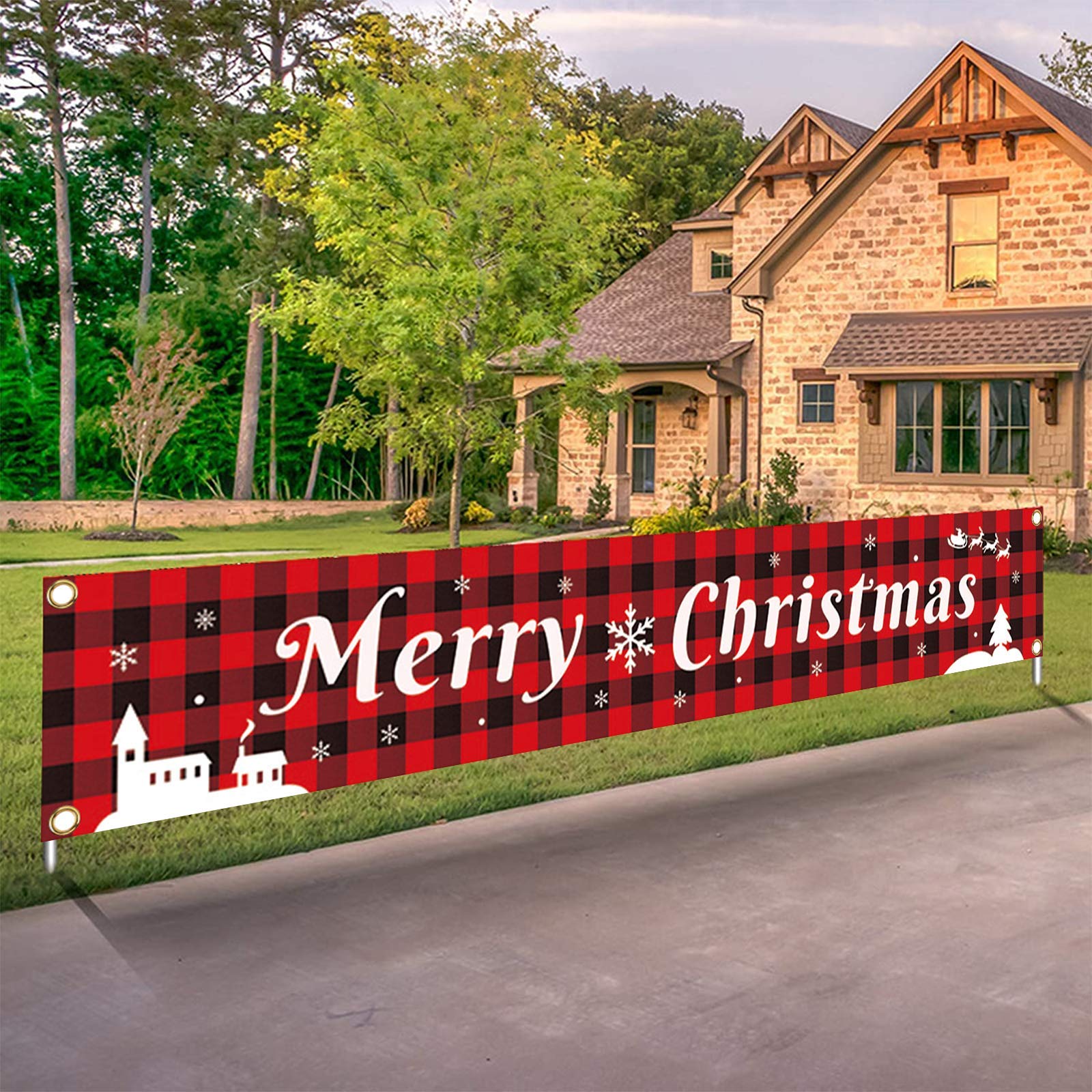 Large Merry Christmas Banner Xmas Decoration Red Buffalo Plaid Hanging Huge Sign Holiday Party Supplies Home Decor For Outdoor,I