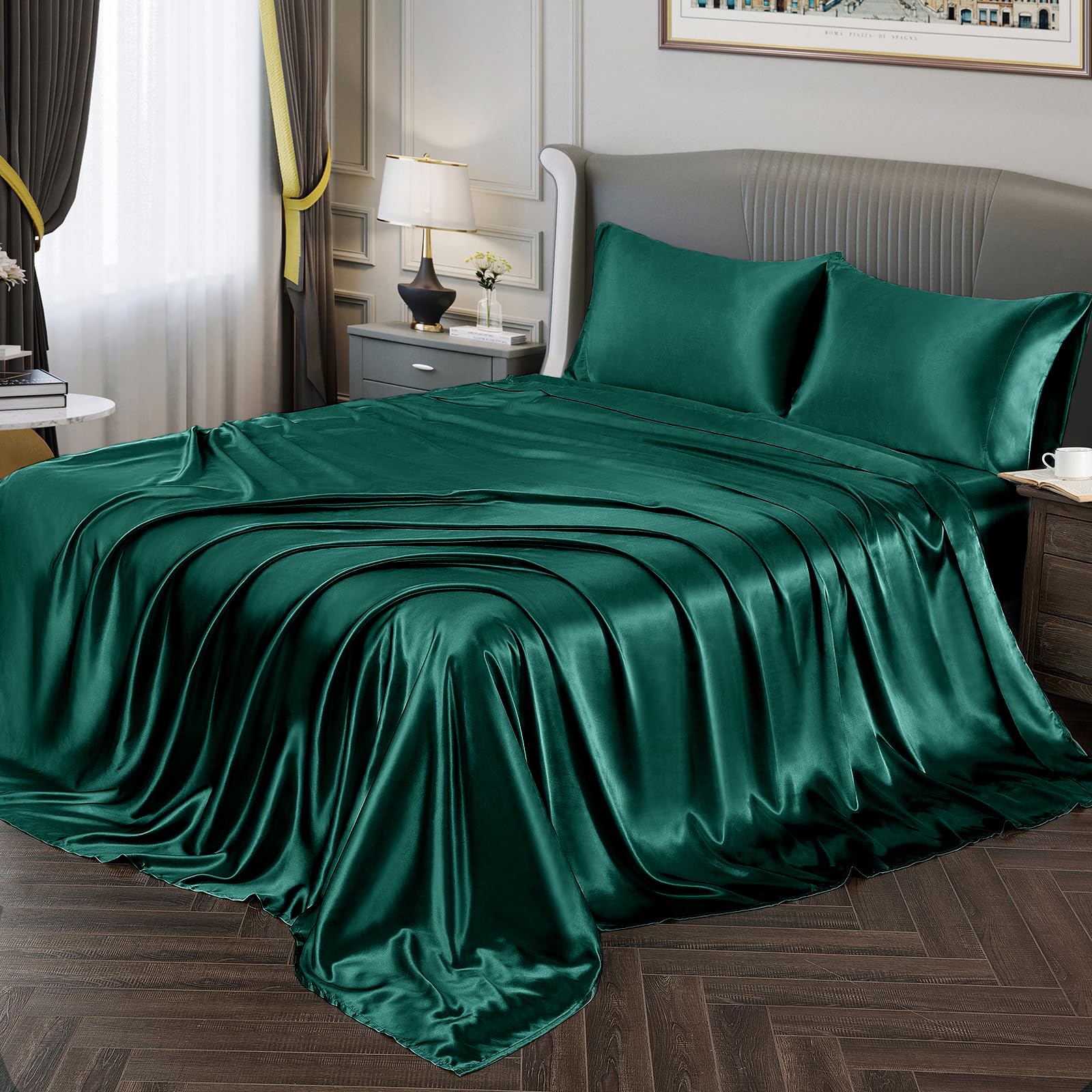 Vonty Satin Sheets Full Size Silky Soft Satin Bed Sheets Teal Green Satin Sheet Set, 1 Deep Pocket Fitted Sheet + 1 Flat Sheet +