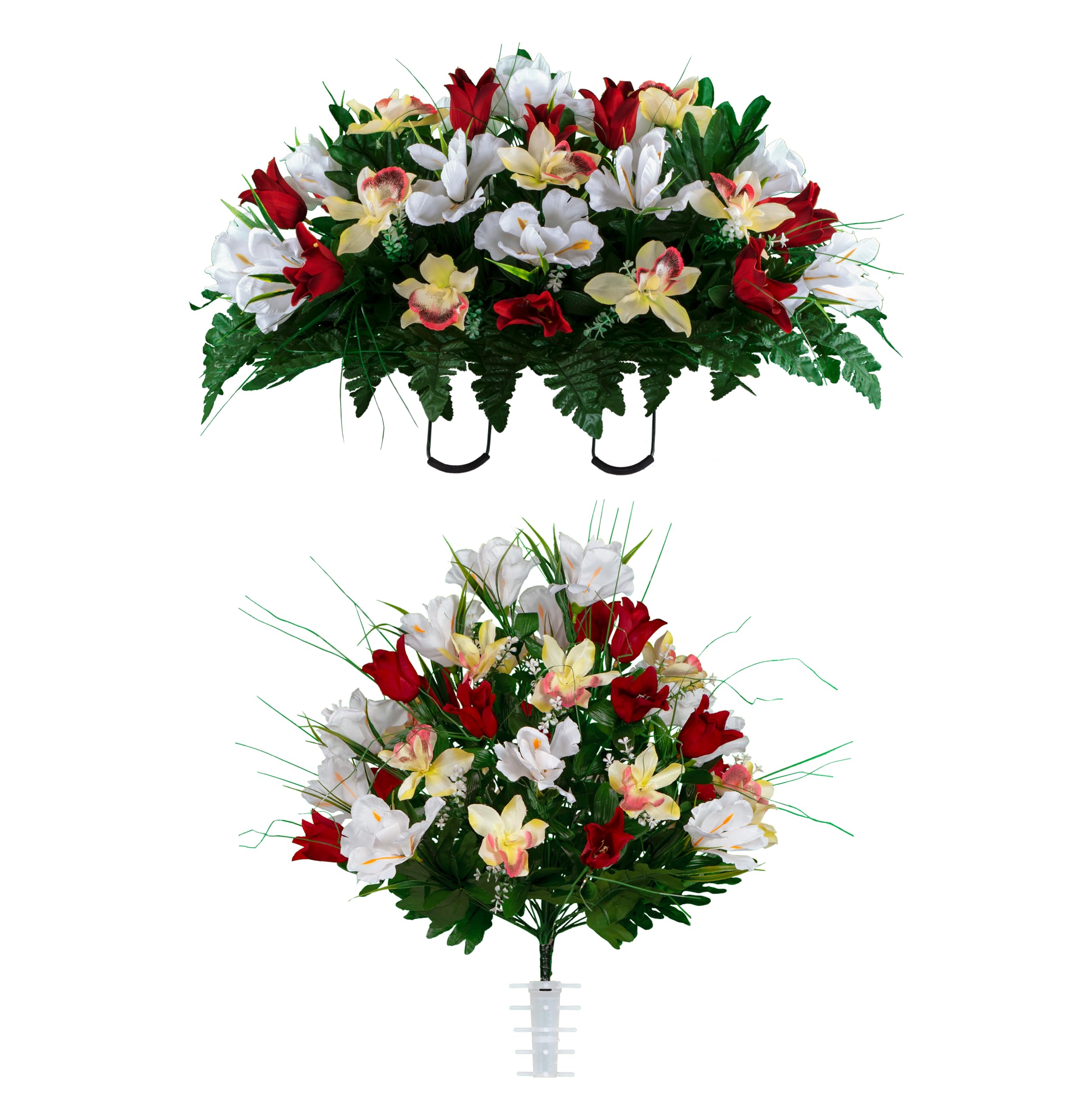 Sympathy Silks Artificial Cemetery Flowers - Realistic Vibrant Tulips Outdoor Grave Decorations s- 1 Red Tulip White Iris Bouque