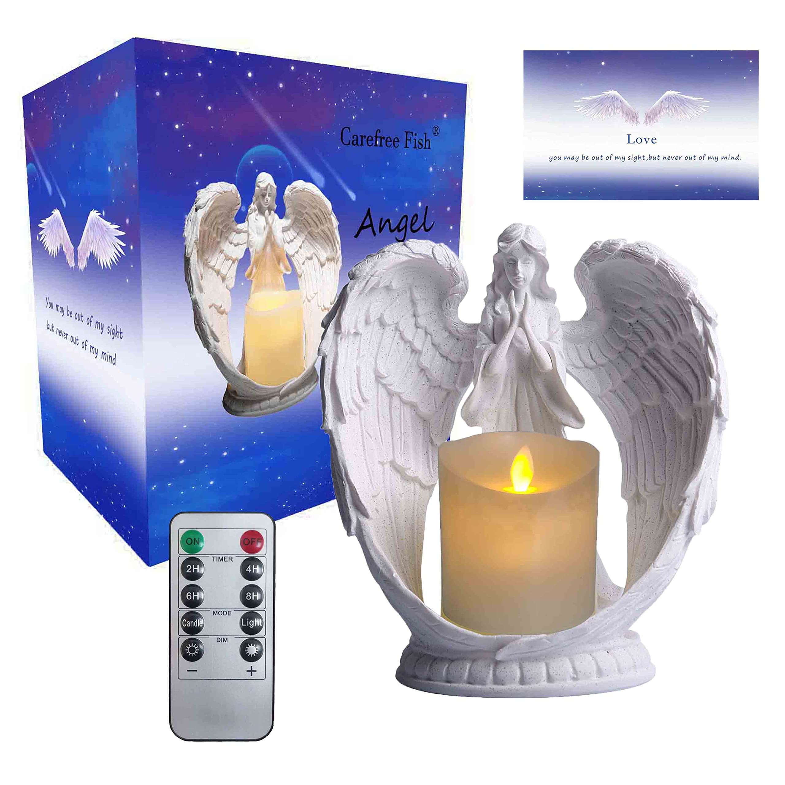 Carefree Fish Starry Sky White Angel Wing Praying Sandstone Statue Angel Figurine Prayer Home Decor Memorial LED Candle Holder 9