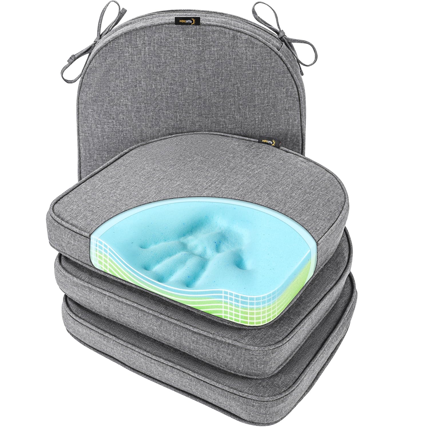 Sunrox Gel Memory Foam Chair Cushion With Ties, Ultra Durable Water Resistant Fadeshield Outdoor/Indoor Reversible Chair Seat Cu