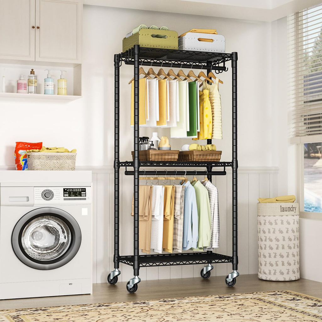 Futassi P3 Mini Rolling Clothes Rack, Clothing Racks For Hanging Clothes, Heavy Duty Garment Rack With Wheels, Freestanding Port