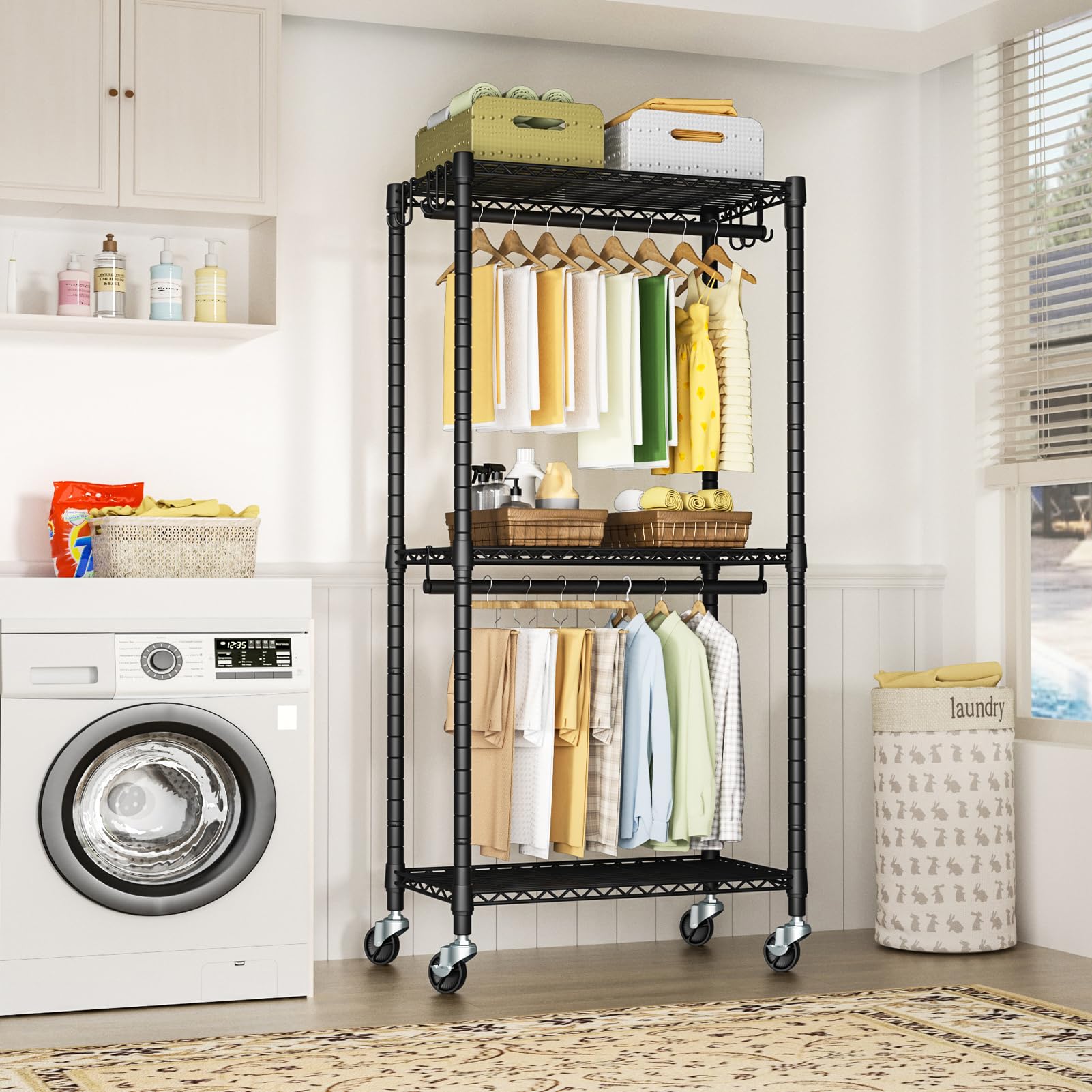 Futassi P3 Mini Rolling Clothes Rack, Clothing Racks For Hanging Clothes, Heavy Duty Garment Rack With Wheels, Freestanding Port