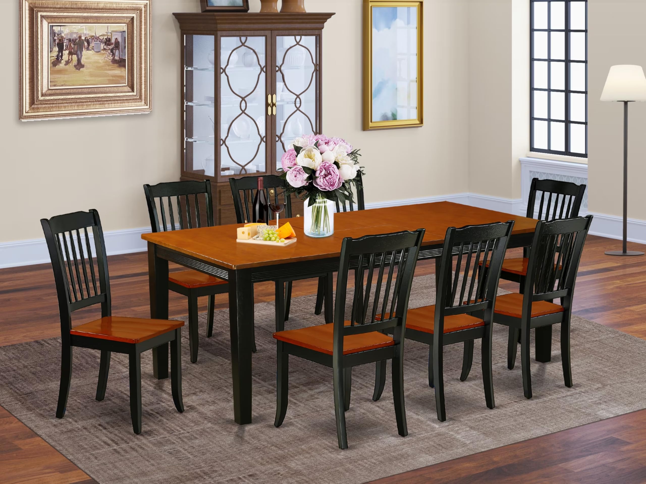 East West Furniture Quda9-Bch-W 9 Piece Modern Dining Table Set Includes A Rectangle Wooden Table With Butterfly Leaf And 8 Dining Room Chairs, 40X78 Inch, Black & Cherry