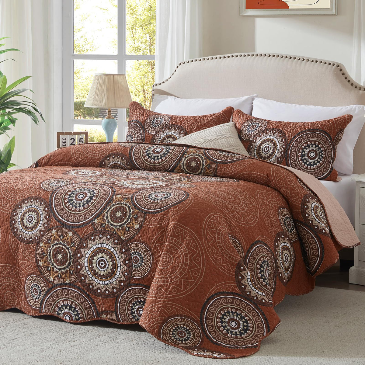 LEAONME 3-Piece Full Queen Size Burnt Orange Rust Quilt Set Lightweight Oversized Bedspread 90''x98'' Soft Microfiber Floral Cov