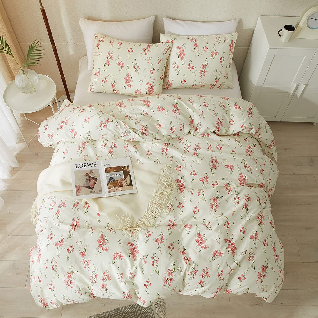Boho Floral Duvet Cover Full Soft Cotton Girls Pink Floral Bedding Set Chic Garden Style Cute Flower Pattern Duvet Cover Vintage