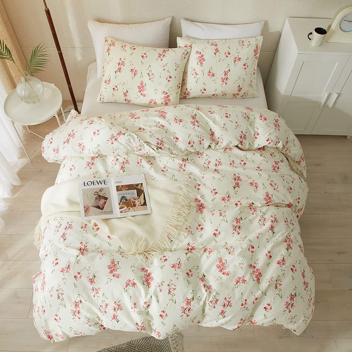 Boho Floral Duvet Cover Full Soft Cotton Girls Pink Floral Bedding Set Chic Garden Style Cute Flower Pattern Duvet Cover Vintage