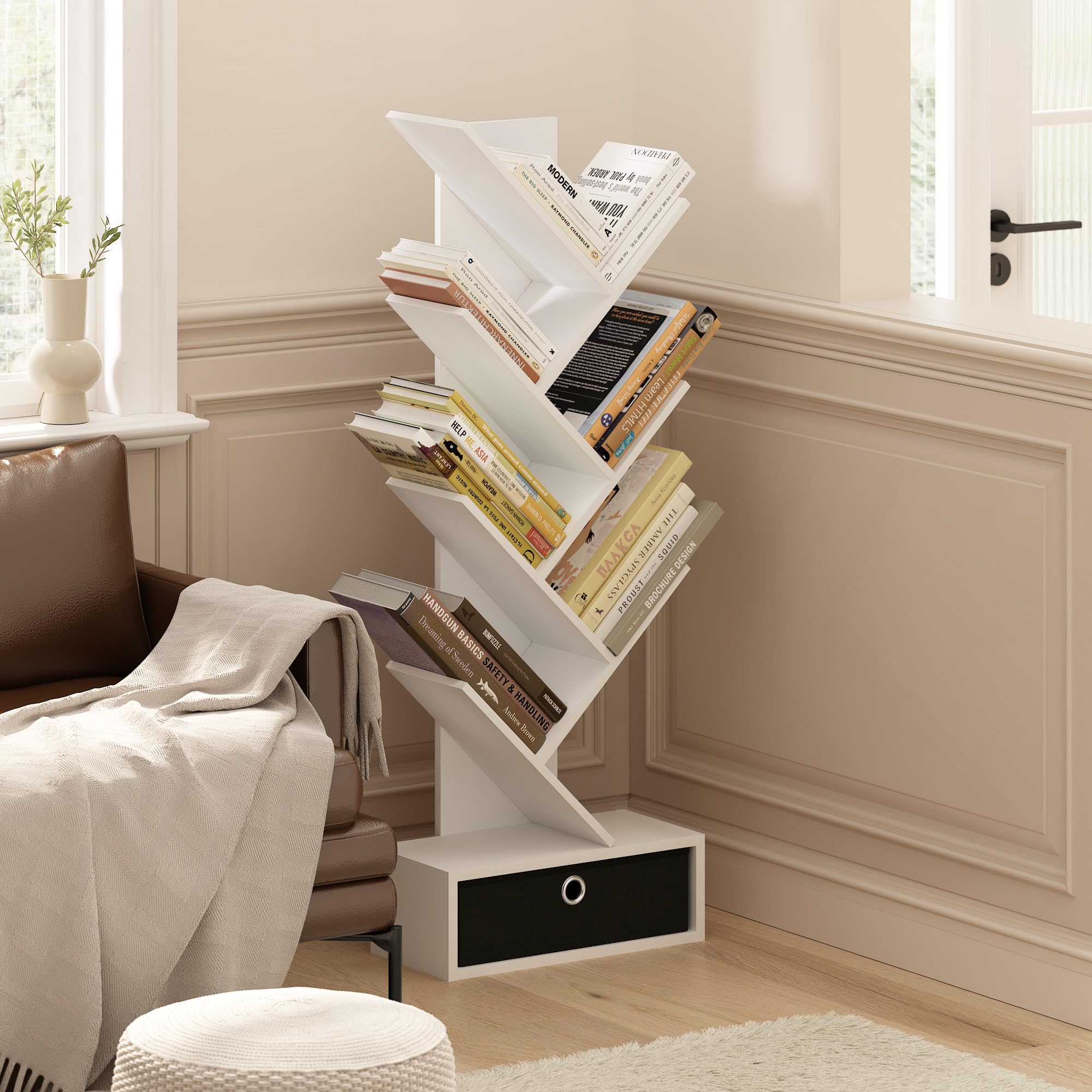 Furinno Tree Bookshelf 7-Tier Floor Standing Tree Bookcase with Bin Drawer, White/Black