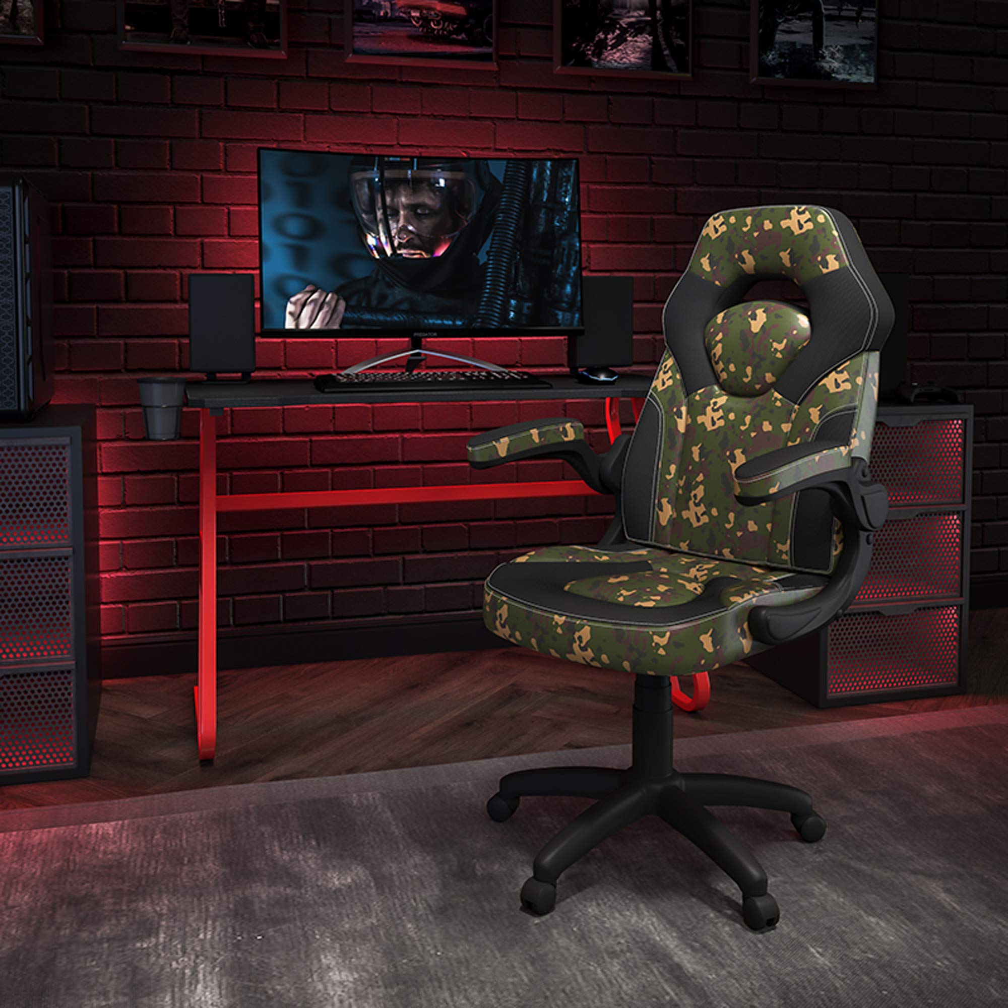 Flash Furniture Red Gaming Desk And Camouflage/Black Racing Chair Set With Cup Holder And Headphone Hook