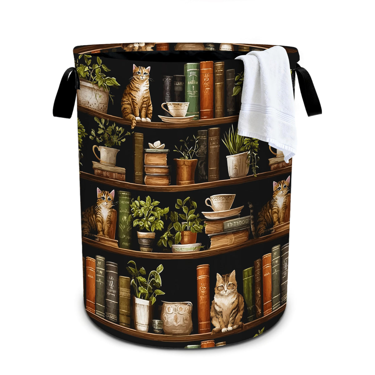 Wooden Bookshelf Cat Laundry Basket Storage Bin Foldable Laundry Hamper Clothes Storage Bucket Organizer 19.6x15.7 Inch For Laun