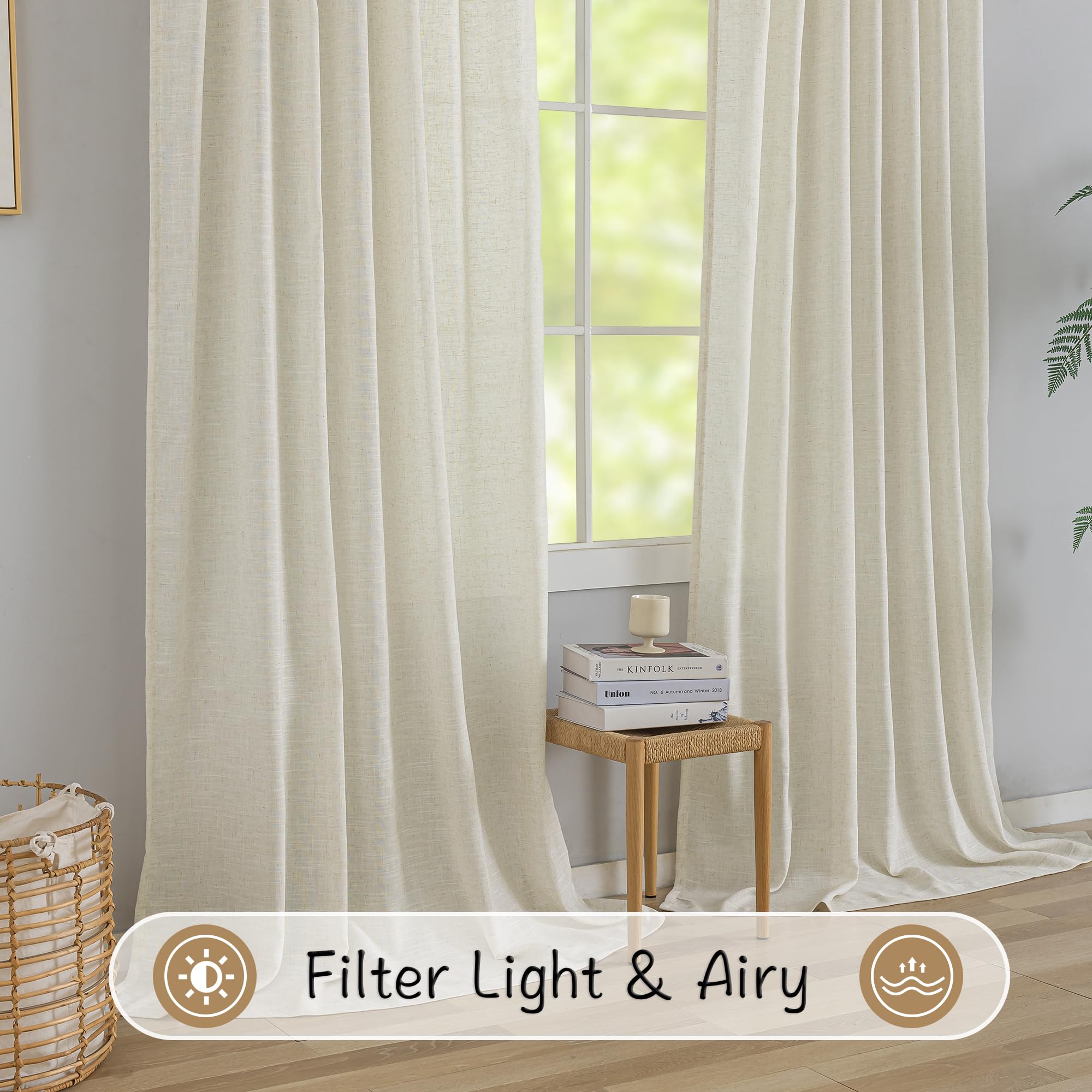 Ivory Natural Linen Blend Back Tab Curtains 90 Inches Long -2 Panels Set For Living Room Hook Belt Loops Pocket Draperies Light