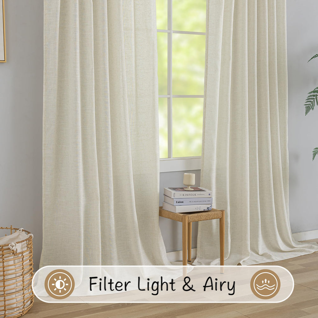 Ivory Natural Linen Blend Back Tab Curtains 90 Inches Long -2 Panels Set For Living Room Hook Belt Loops Pocket Draperies Light