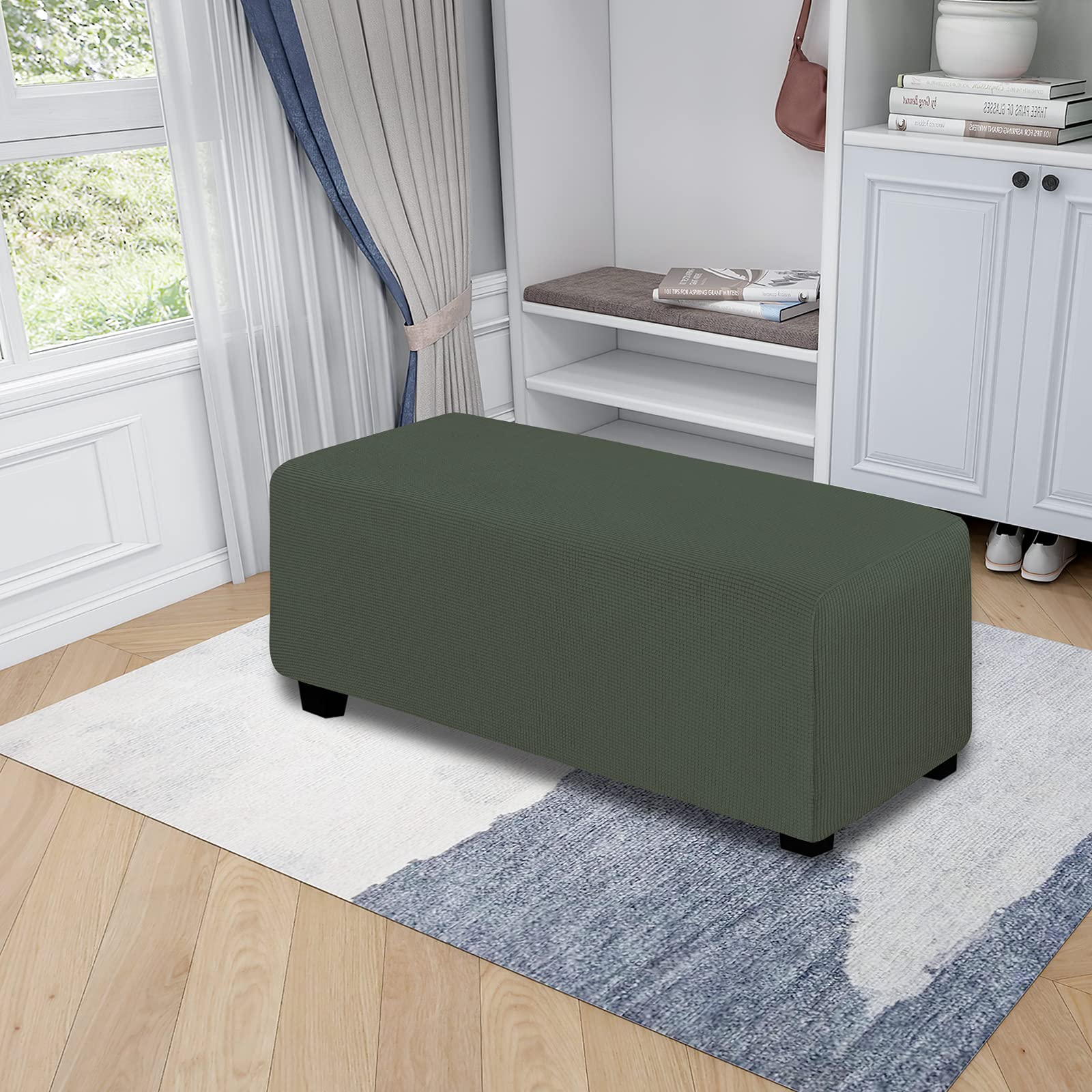 Easy-Going Stretch Ottoman Cover Folding Storage Stool Furniture Protector Soft Rectangle Slipcover With Elastic Bottom(Ottoman X-Large,Olive Green)