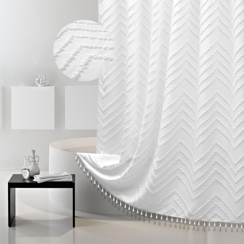 Boho Shower Curtain White Tassel Woven Fabric Shower Curtain 71 X 72 Modern Farmhouse Textured Tufted Chevron Striped Minimalist