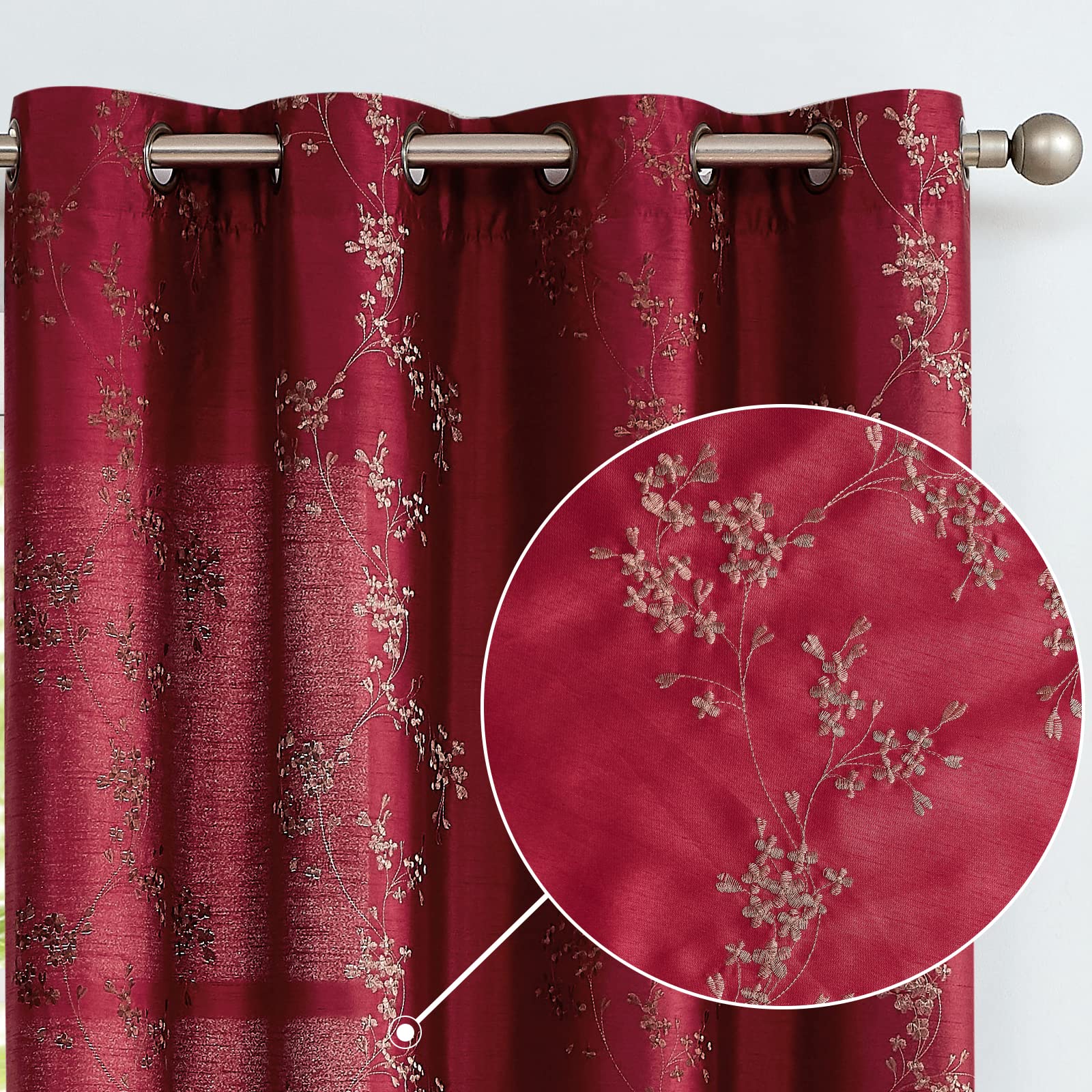 jinchan Floral Curtains Embroidered Curtains for Living Room 63 Inch Length Faux Silk Curtains Burgundy Red Flower Patterned Dra
