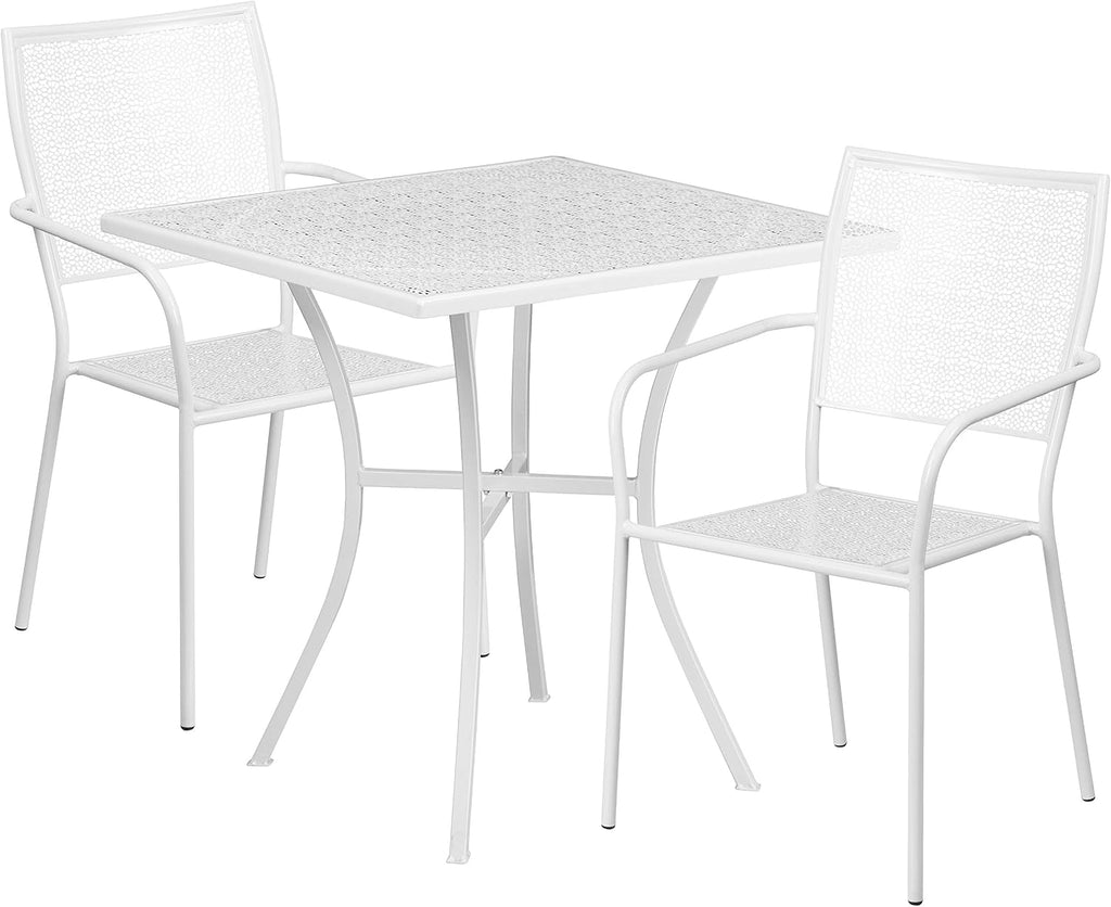 Commercial Grade 28 Square White Indoor-Outdoor Steel Patio Table Set with 2 Square Back Chairs