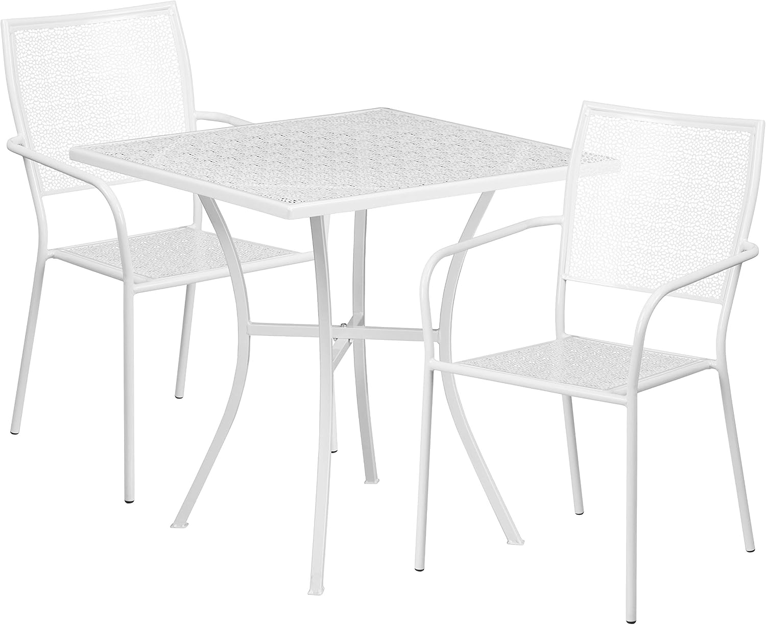 Commercial Grade 28 Square White Indoor-Outdoor Steel Patio Table Set with 2 Square Back Chairs