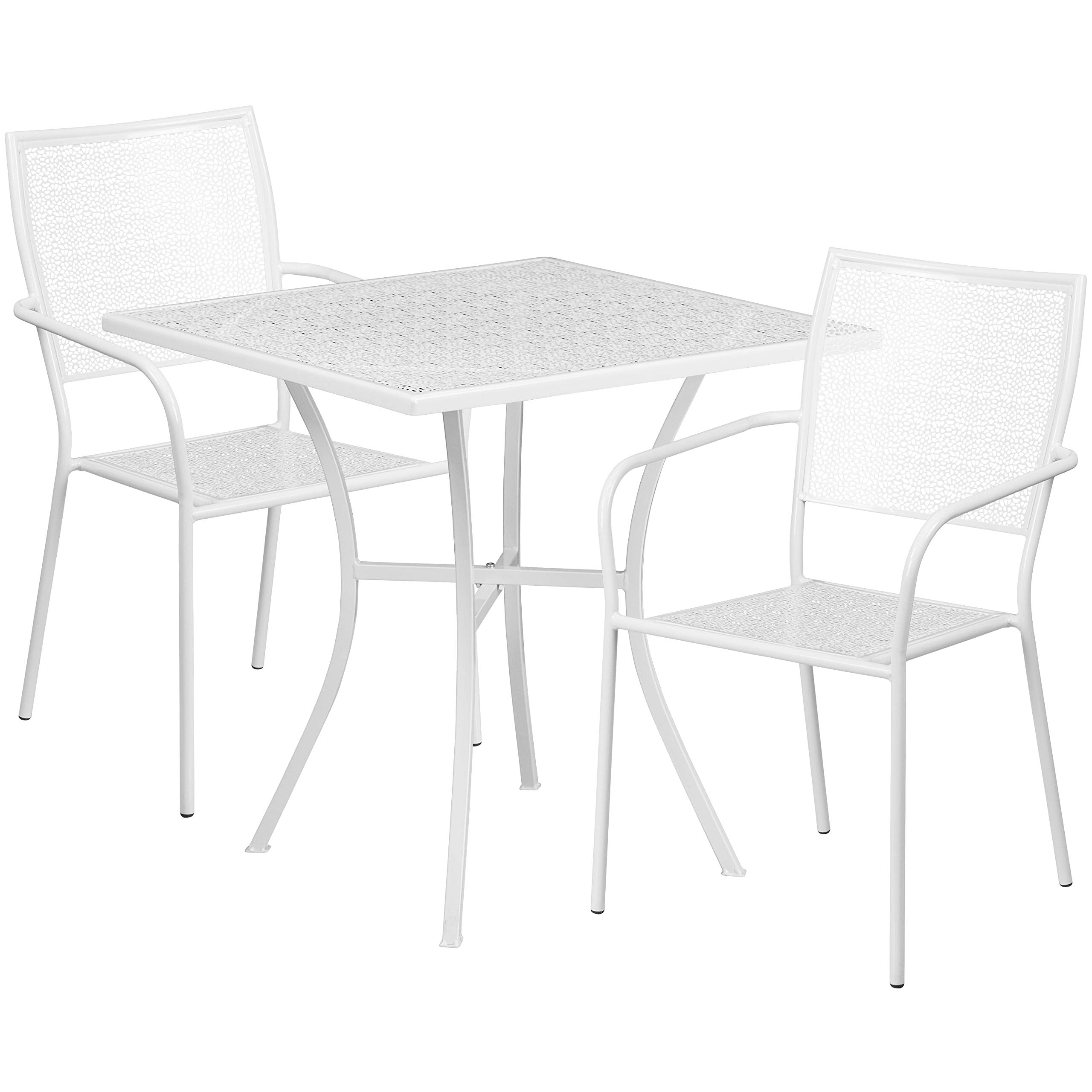 Flash Furniture Oia Commercial Grade 35.5 Square White Indoor-Outdoor Steel Patio Table Set with 2 Square Back Chairs