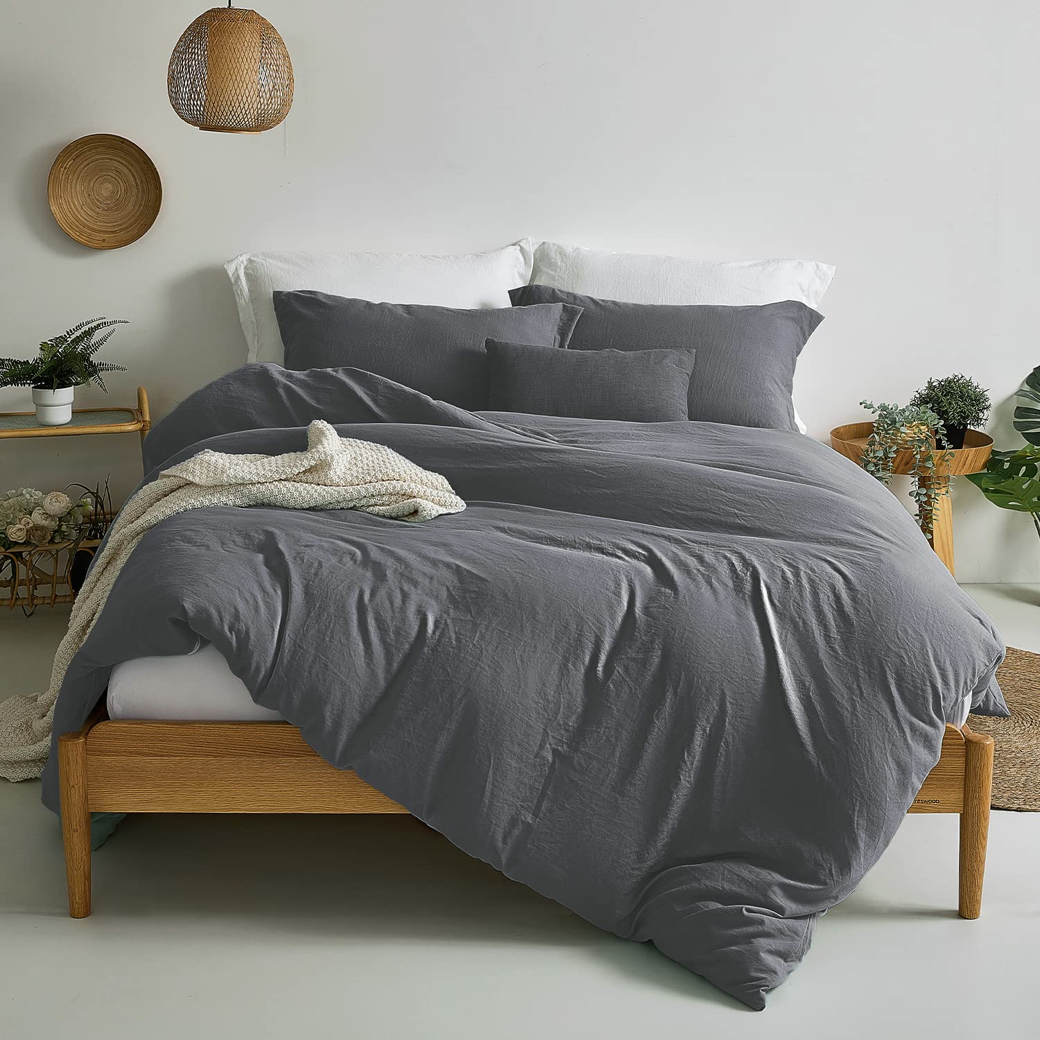 Mildly Super Soft Duvet Cover - 100% Washed Microfiber Dark Grey Comforter Cover Set 3 Pieces With Zipper Closure & Corner Ties