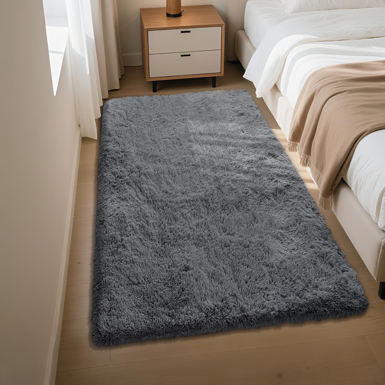 Fluffy Rug Shaggy Area Rug, Dark Grey 3x5 Area Rugs for Bedroom, Small Bedside Rug, Soft Fluffy Shaggy Entryway Throw Rugs for L