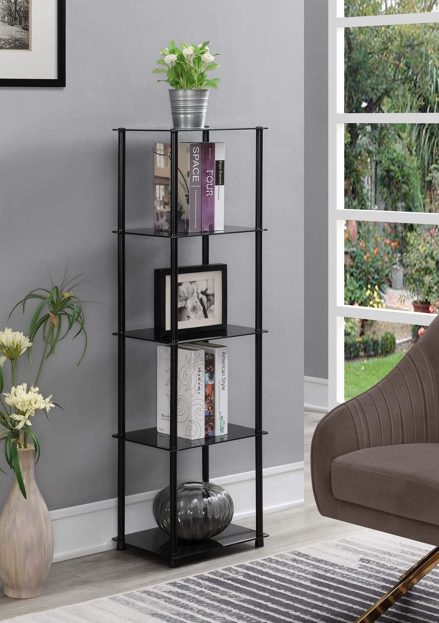 Convenience Concepts Designs2Go Classic Glass Shelves 15.75&quot; - 5-Tier Glass Tower Room Décor, Modern Shelves for Storage and Display in Living Room, Bathroom, Bedroom, Office, Black Glass