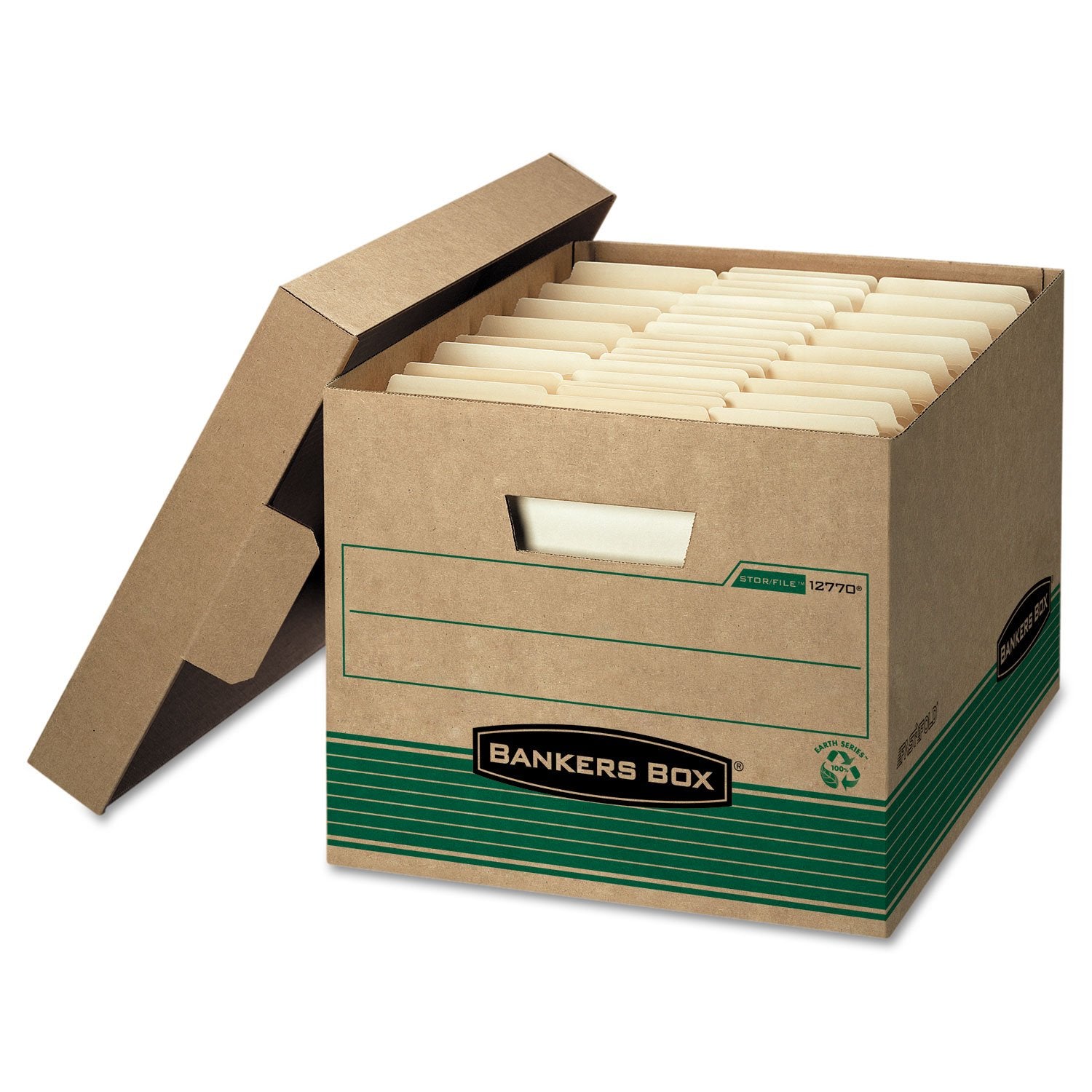 Bankers Box 12 Pack Stor/File Medium-Duty 100% Recycled File Storage Boxes, Fastfold, Lift-Off Lid, Letter/Legal, Kraft/Green