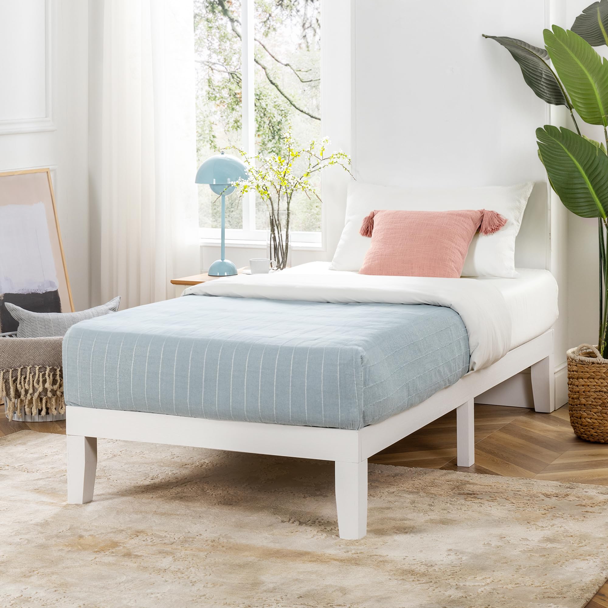 Mellow Naturalista Classic 12 Inch Solid Wood Platform Bed With Wooden Slats, Twin, White