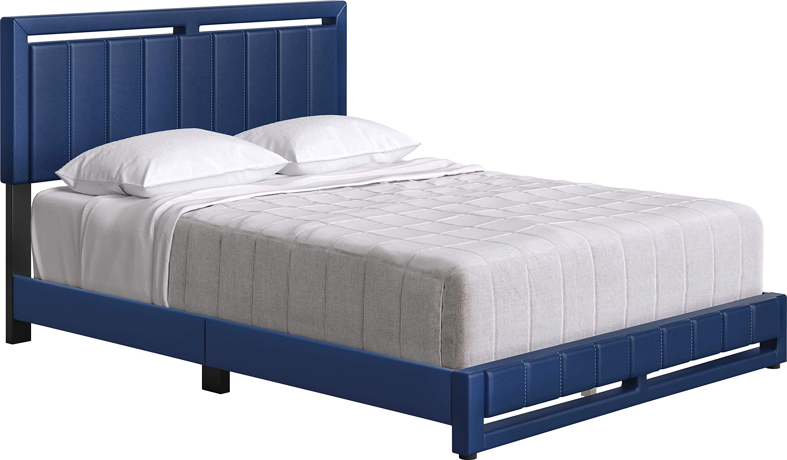 Boyd Sleep Beaumont Upholstered Platform Bed with Headboard, Mattress Foundation with Strong 14 Wood Slat Supports, No Box Spring Required, Blue Faux Leather, Size King