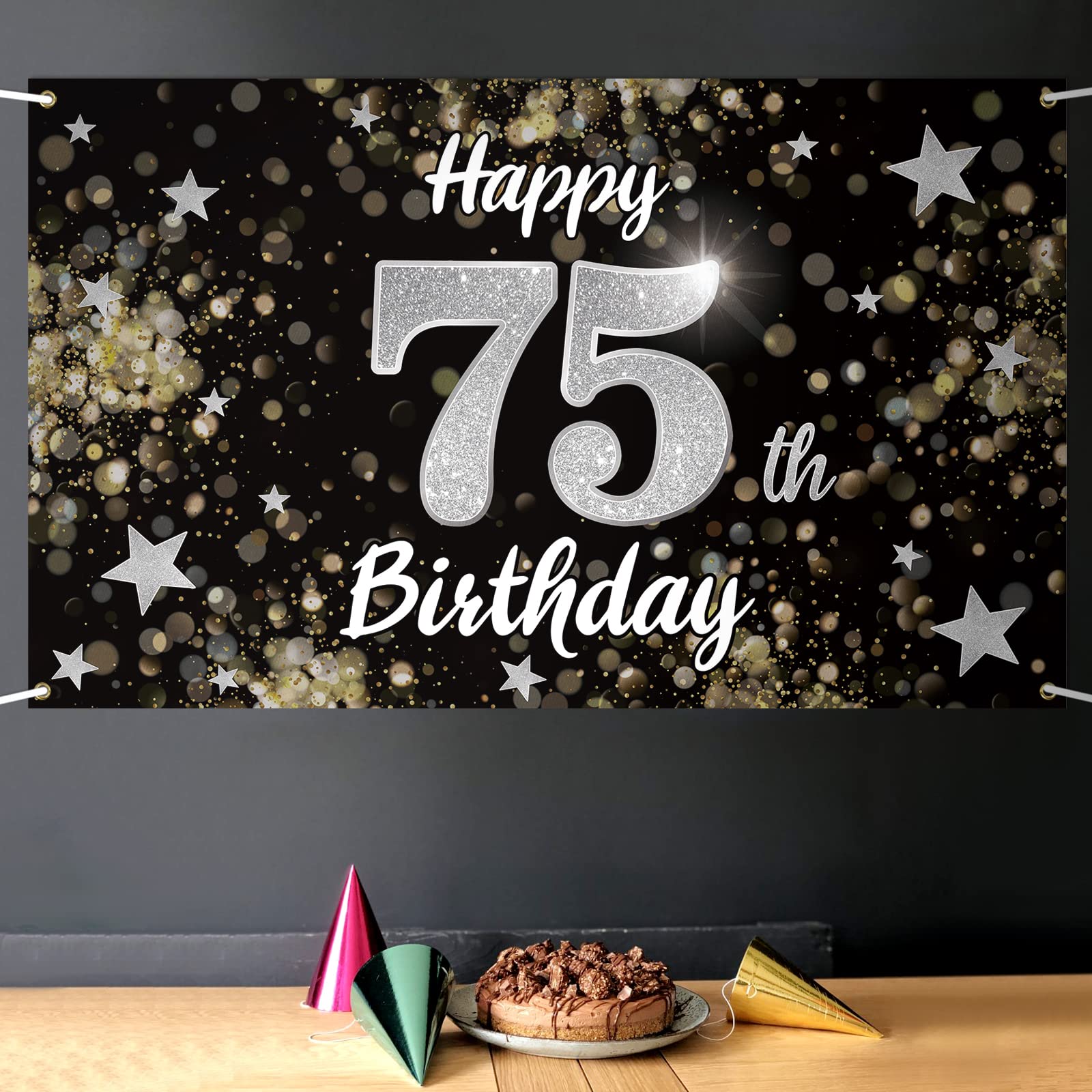 Nelbiirth Happy 75th Birthday Backdrop Banner, Black & Silver Dream Star Sign, 78" x 47", Polyester Oxford Fabric