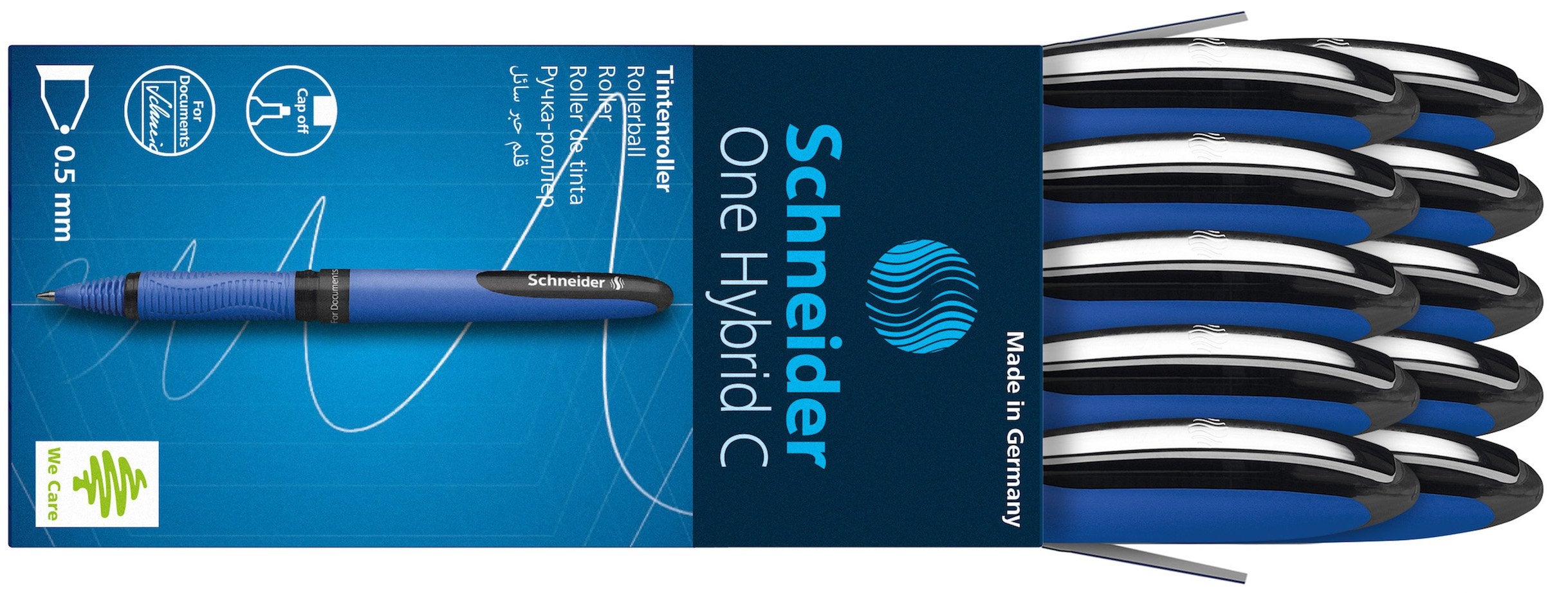 Schneider One Hybrid C Rollerball Pen, 0.5 Mm Hybrid Conical Tip, Light Blue Barrel, Black Ink, Box Of 10 Pens (183201)