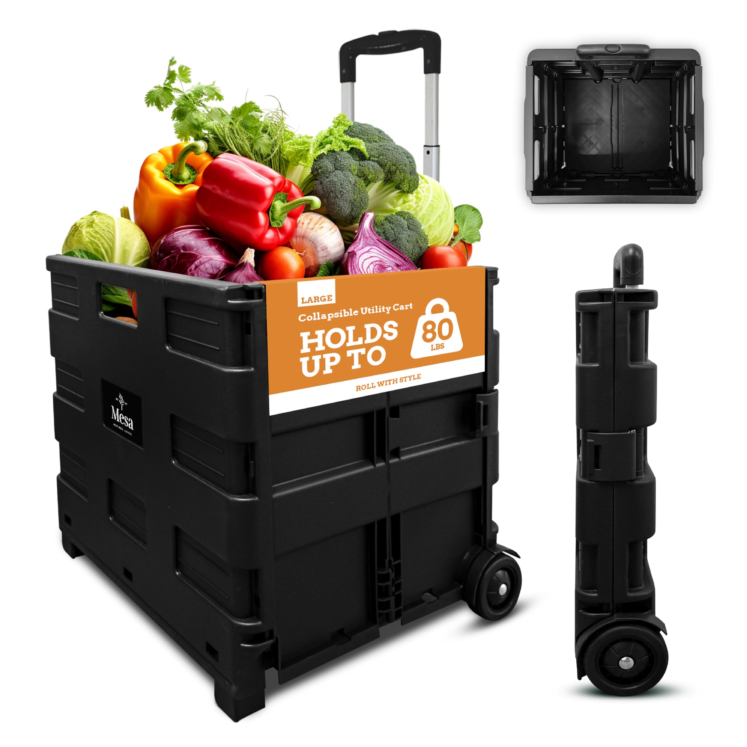 Inspired Living Collapsible Ultra-Slim Pack-N-Roll, 2 Wheel Utility Cart , With Telescopic Handle - Super Strong Up To 80 Lbs Load Capacity, Black