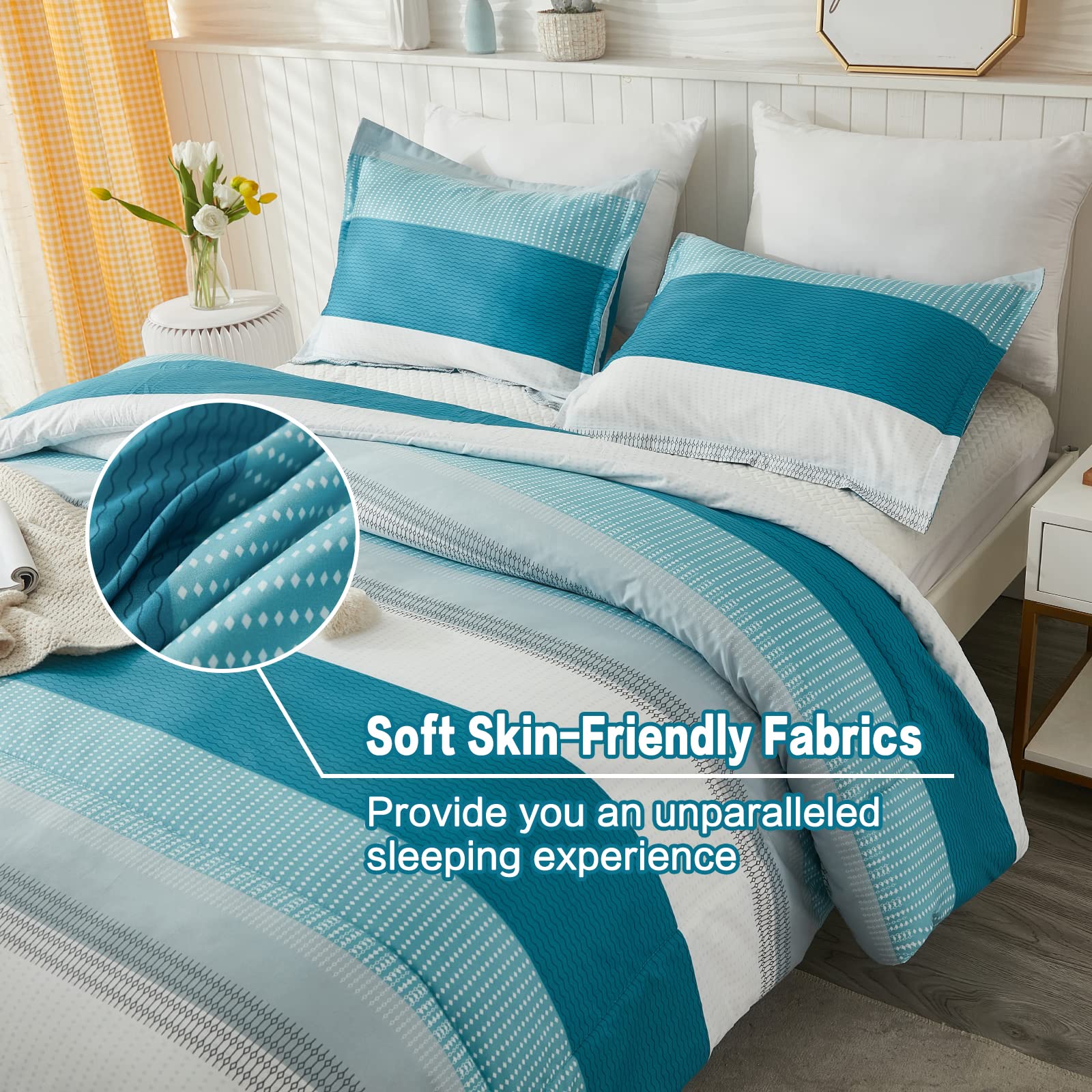 Litanika Teal White Bed Comforter Twin Set, Xl Twin Comforter Striped Bedding Comforter Set, 2 Pieces Lightweight Soft All Seaso