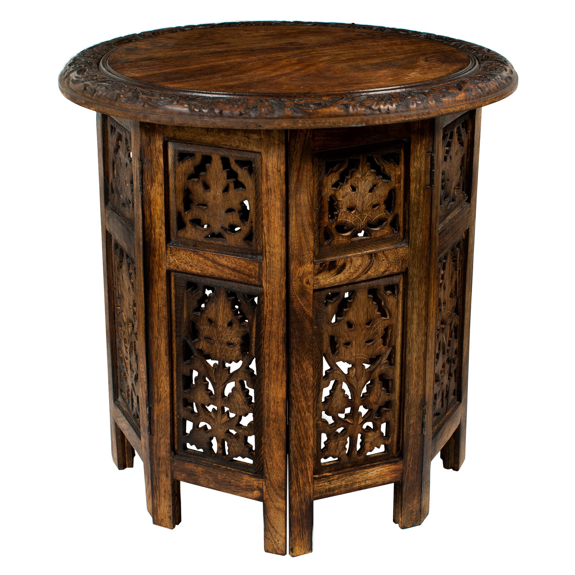 COTTON CRAFT Solid Wood Accent End Table - Hand Carved Vintage Boho Folding Side Table - Small Spaces Entryway Farmhouse Living 