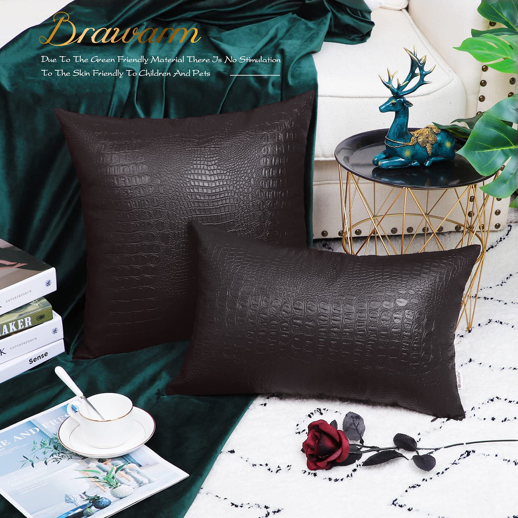 Brawarm Faux Leather Pillow Covers 20 X 20 Inches, Brown Leather Pillow Covers Pack Of 2, Crocodile Leather Decorative Throw Pil