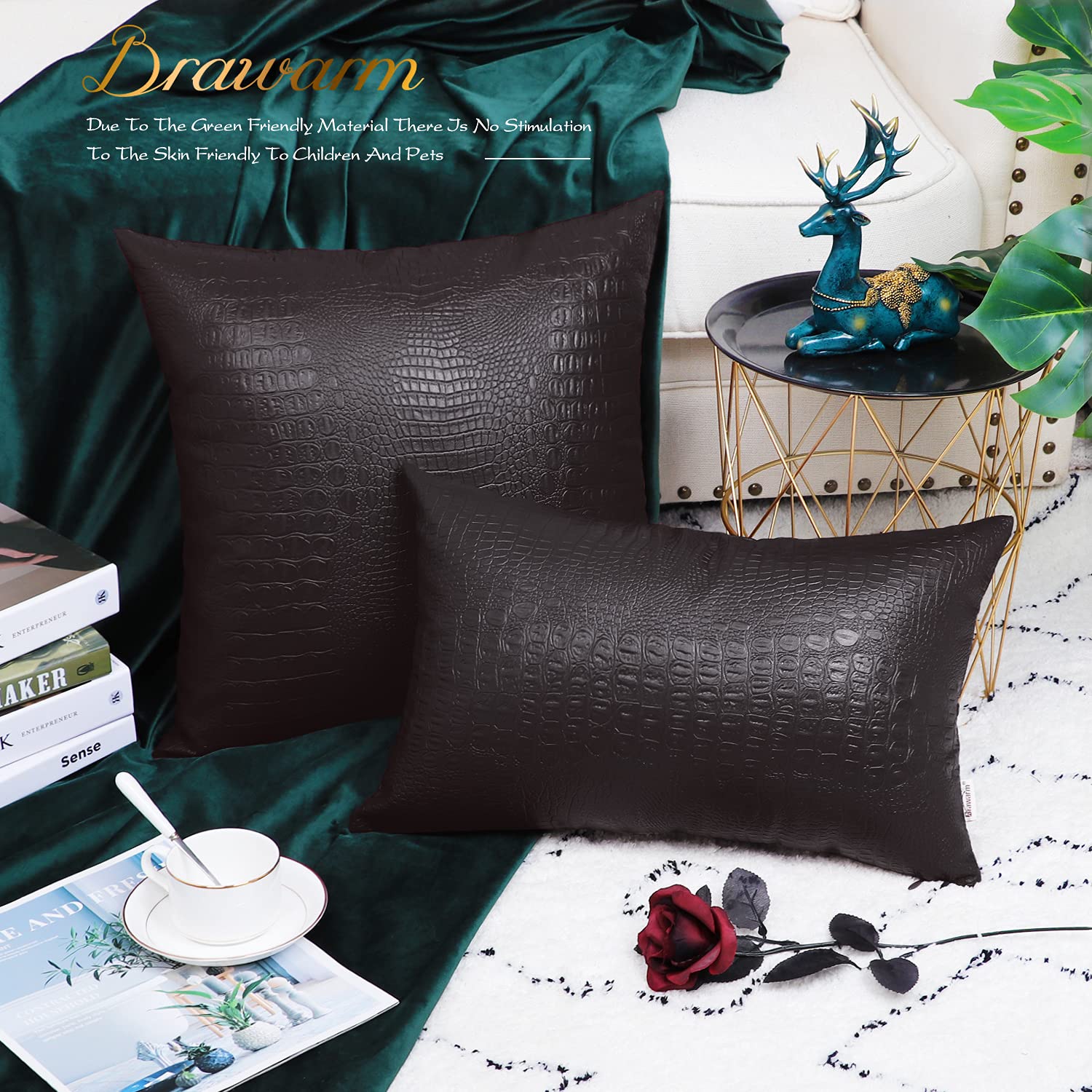 Brawarm Faux Leather Pillow Covers 20 X 20 Inches, Brown Leather Pillow Covers Pack Of 2, Crocodile Leather Decorative Throw Pil