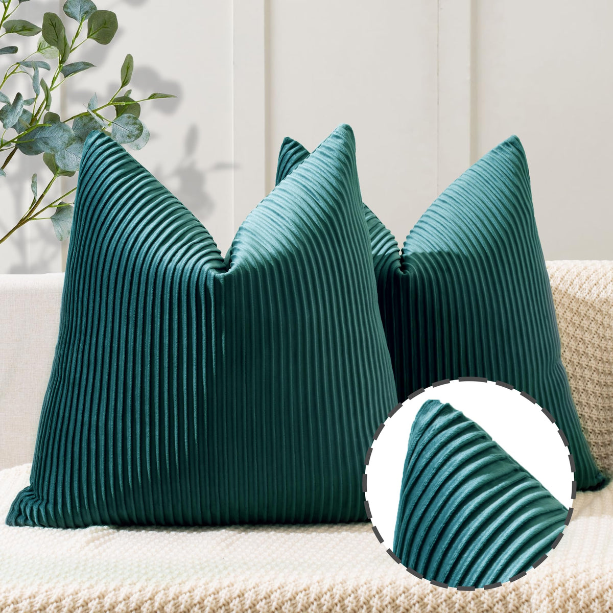 Ycoll Teal Pillow Covers 24X24 Set Of 2 Velvet Striped Pattern - Soft Throw Pillows For Home Decor, Luxury Decorative Pillow Cov