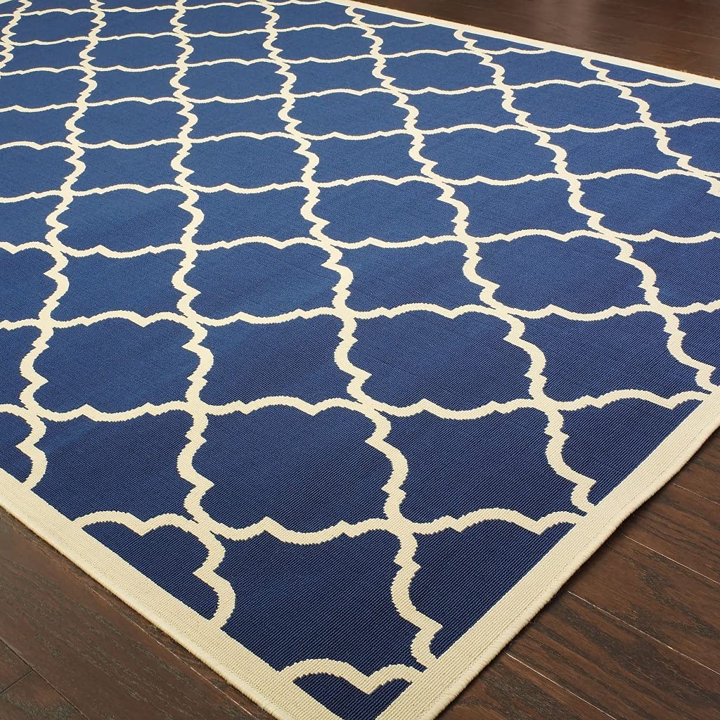 HomeRoots Polypropylene 4’x6’ Blue and Ivory Trellis Indoor Outdoor Area Rug