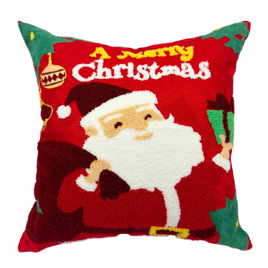 Alysheer Merry Christmas Santa Embroidered Decorative Throw Pillow Cover 18x18, Extra Thick Tufted Cozy Warm Cotton Cushion Case