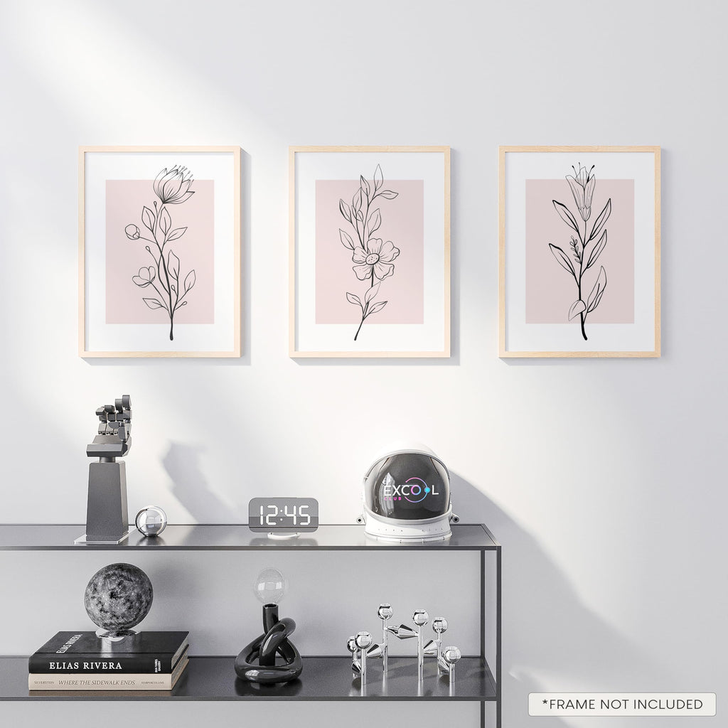 Excool Club Pink Botanical Wall Art - 12X16 Pink Flower Wall Art Blush Floral Prints, Minimalist Plant Line Art Poster, Light Pi