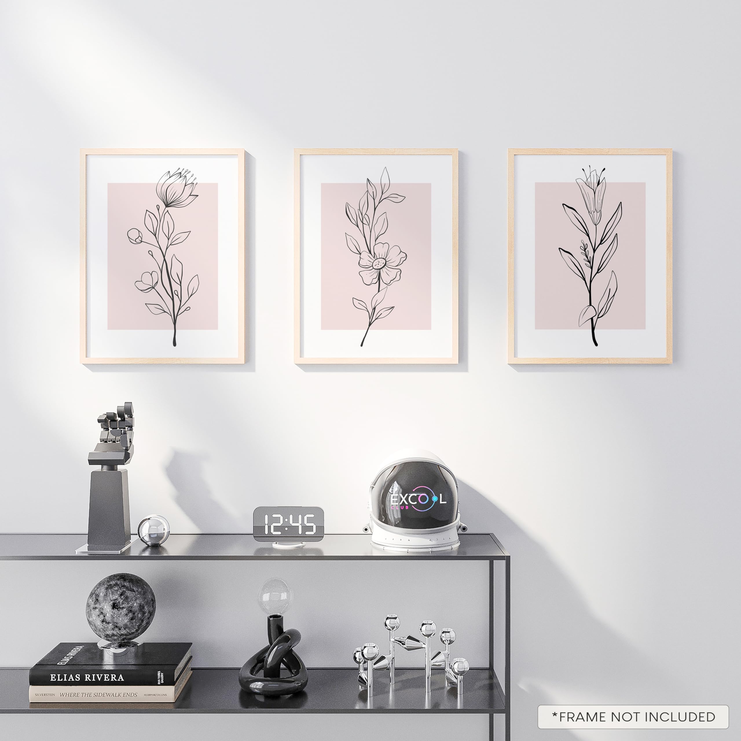 Excool Club Pink Botanical Wall Art - 12X16 Pink Flower Wall Art Blush Floral Prints, Minimalist Plant Line Art Poster, Light Pi