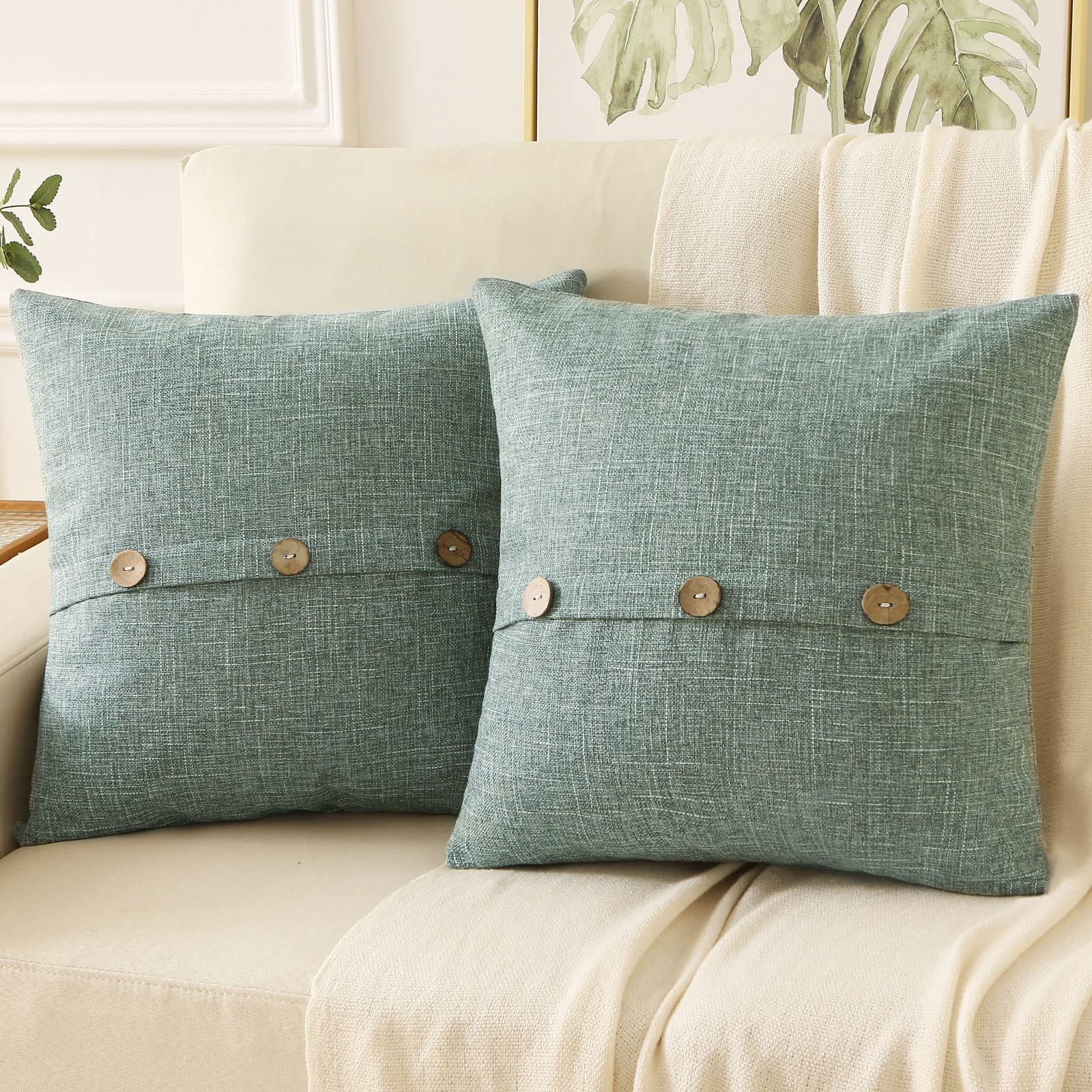 Haussy Sage Green Linen Decorative Throw Pillow Covers 26X26 Inch Set Of 2,Square Euro Pillow Shams With 3 Vintage Buttons,Moder