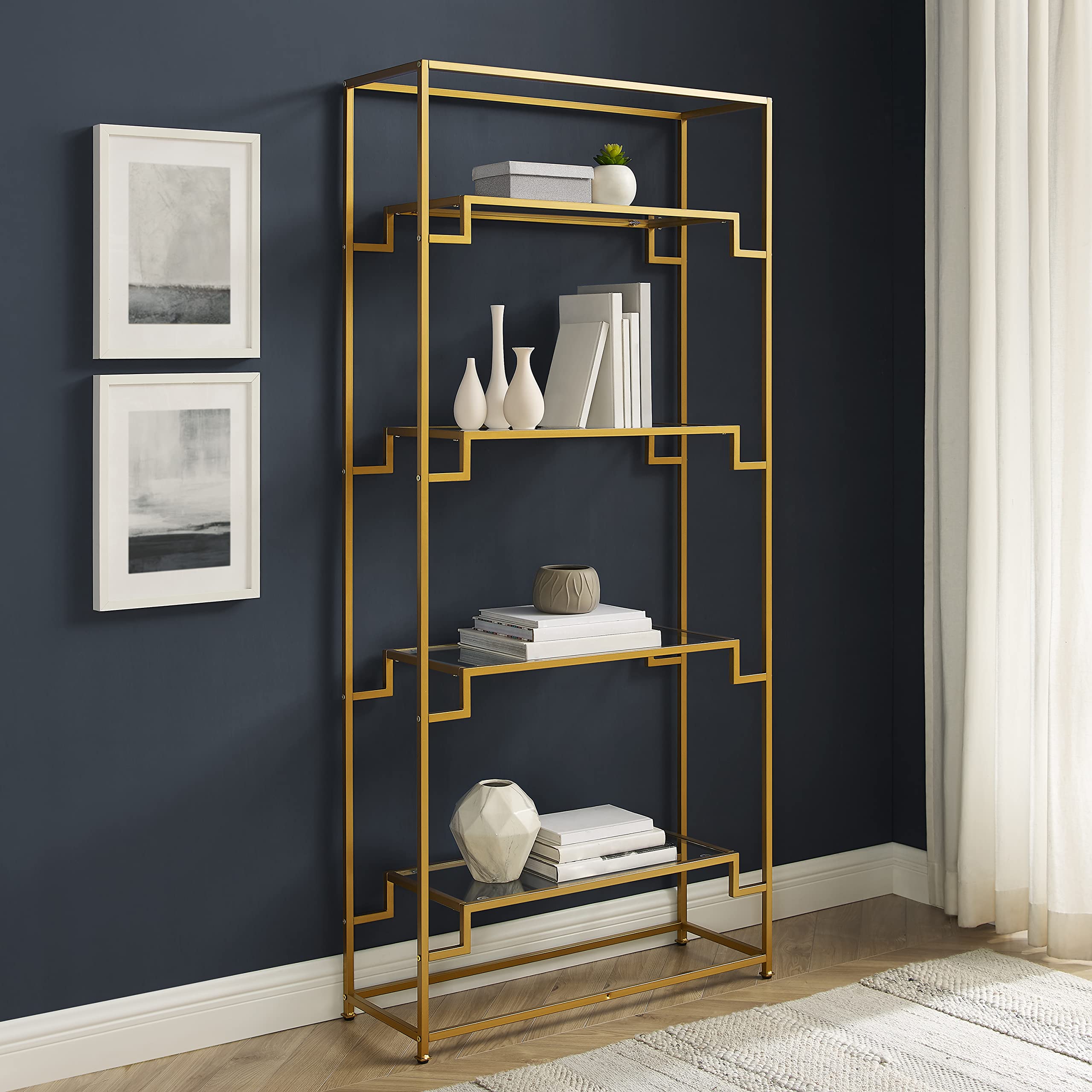 Crosley Furniture Celeste Bookshelf With Glass Shelves, Bookcase Storage, Gold