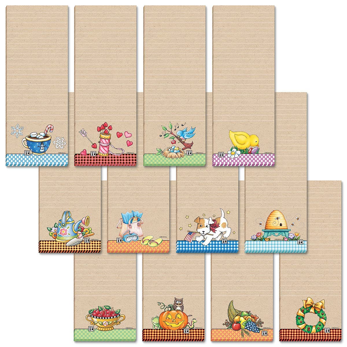 Current Mary Engelbreit Seasonal Characters Magnetic Notepad Set - Set Of 12 Mini Memo Pads, 12 Designs, 30-Sheet Pads, 2 X 6 In