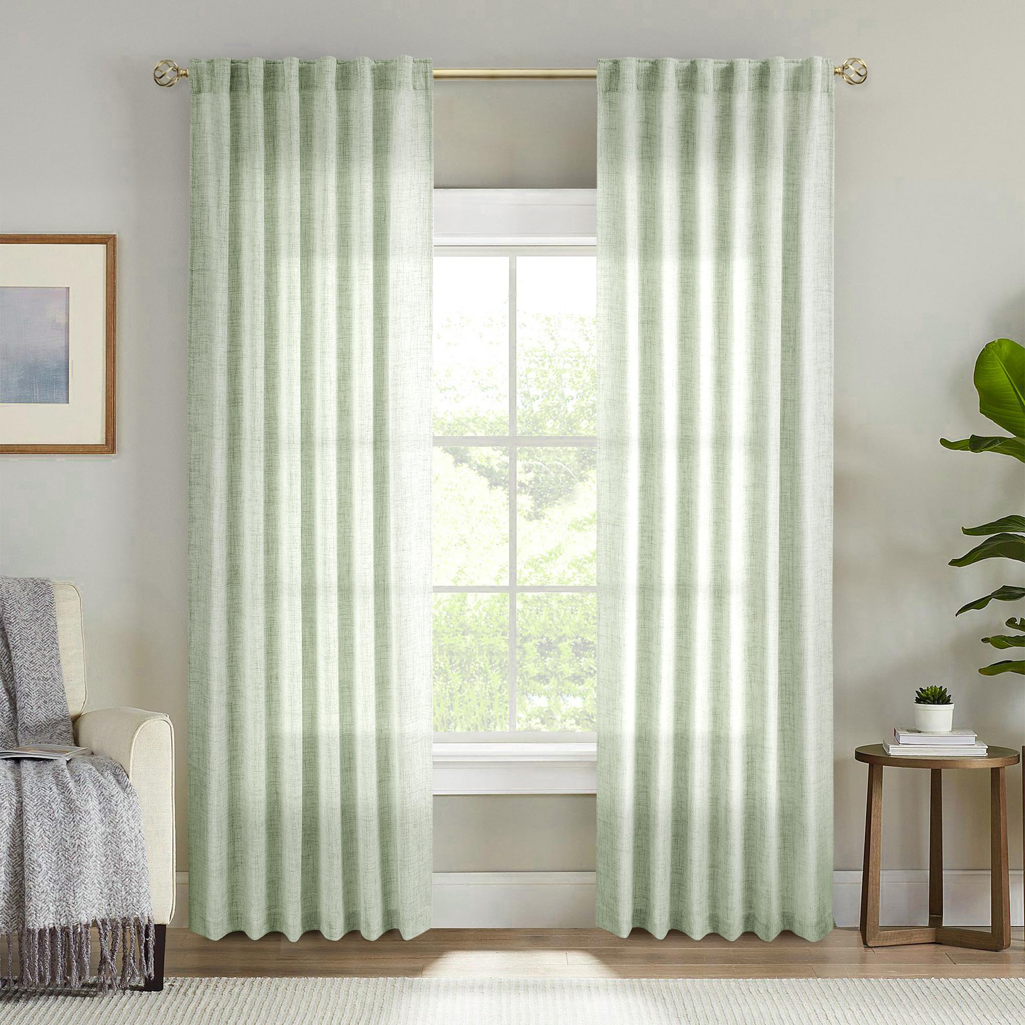MEETBILY Sage Green Linen Curtains 96 Inches Long Semi Sheer Back Tab Drapes for Living Room 2 Panels Light Green Boho Neutral C