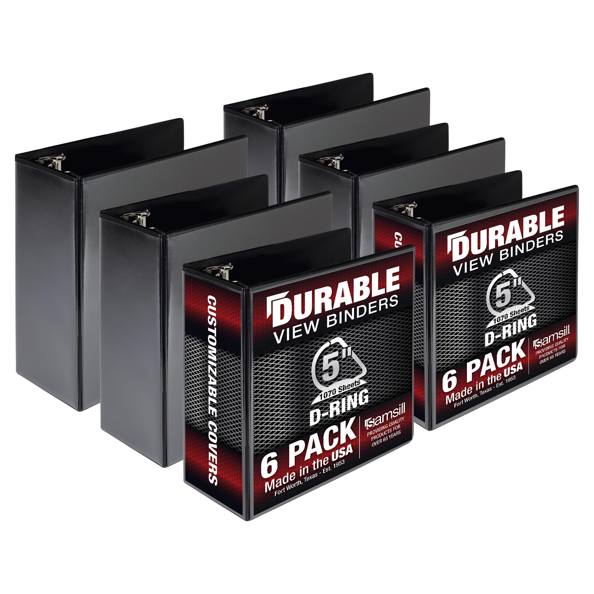 Samsill Durable 5 Inch Binder, Made In The Usa, Locking D Ring Customizable Clear View Binder, Black, 6 Pack, Each Holds 1050 Pa