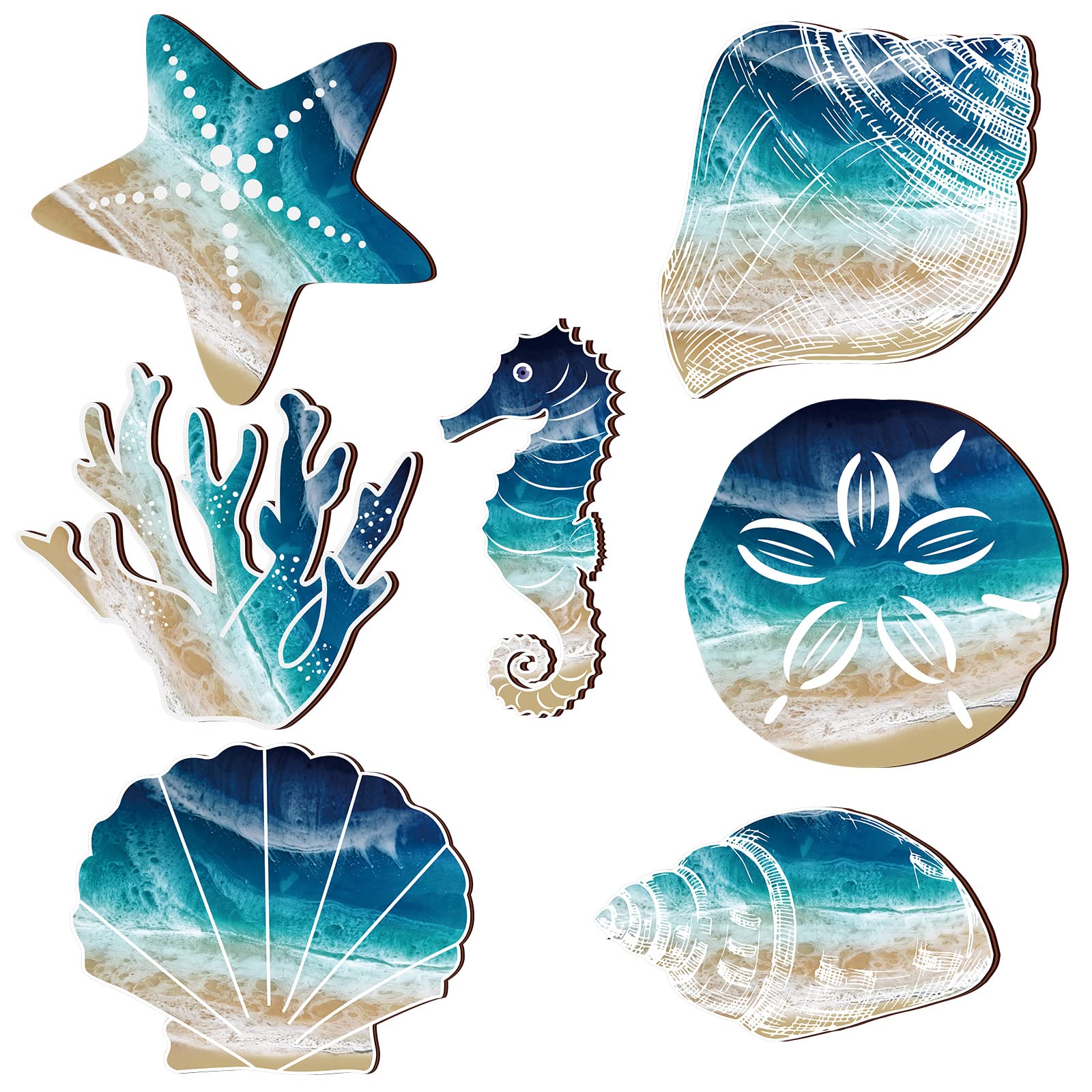 Weysat 7 Pieces Beach Wall Decor Starfish Seashell Wall Decor for Bathroom Coastal Wall Decor Rustic Wooden Decorations Marine N