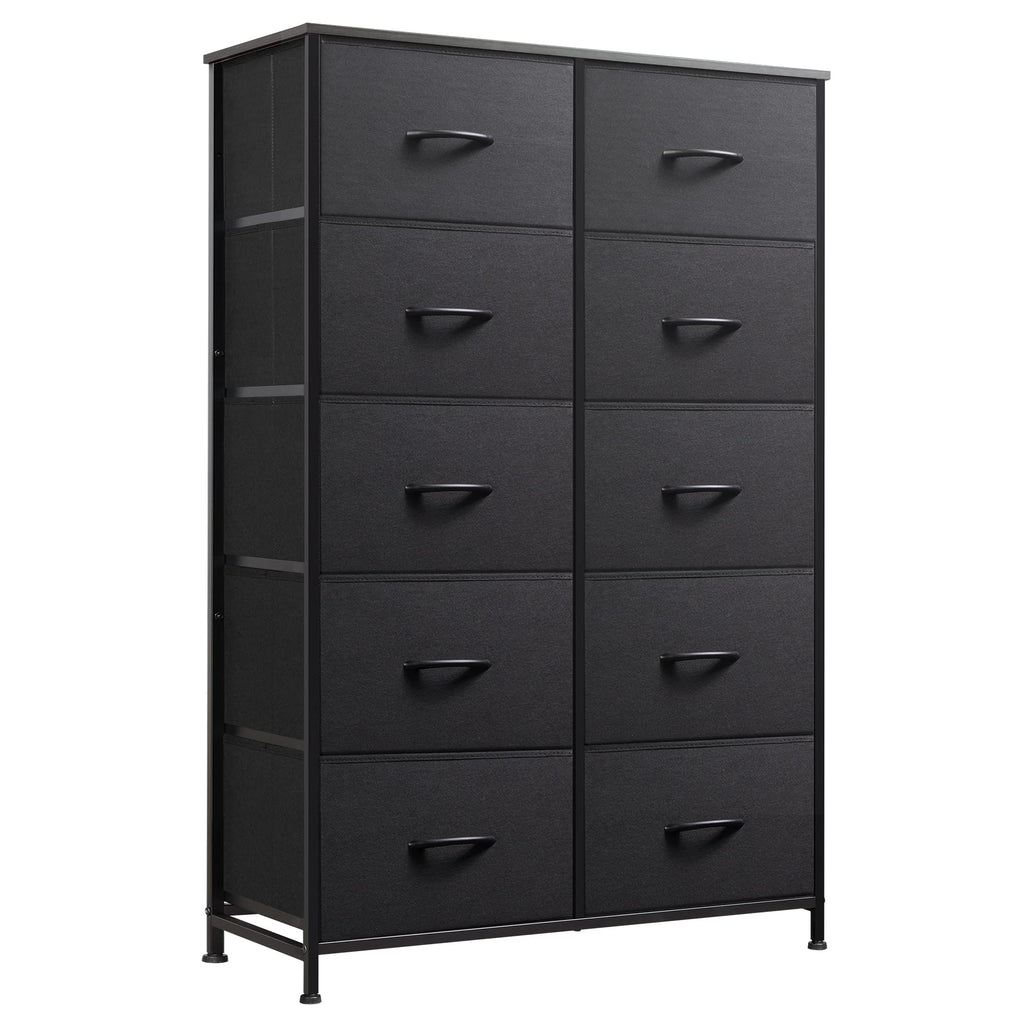 Wlive 10-Drawer Dresser, Fabric Storage Tower For Bedroom, Hallway, Nursery, Closets, Tall Chest Organizer Unit With Textured Print Fabric Bins, Steel Frame, Wood Top, Easy Pull Handle, Charcoal Black