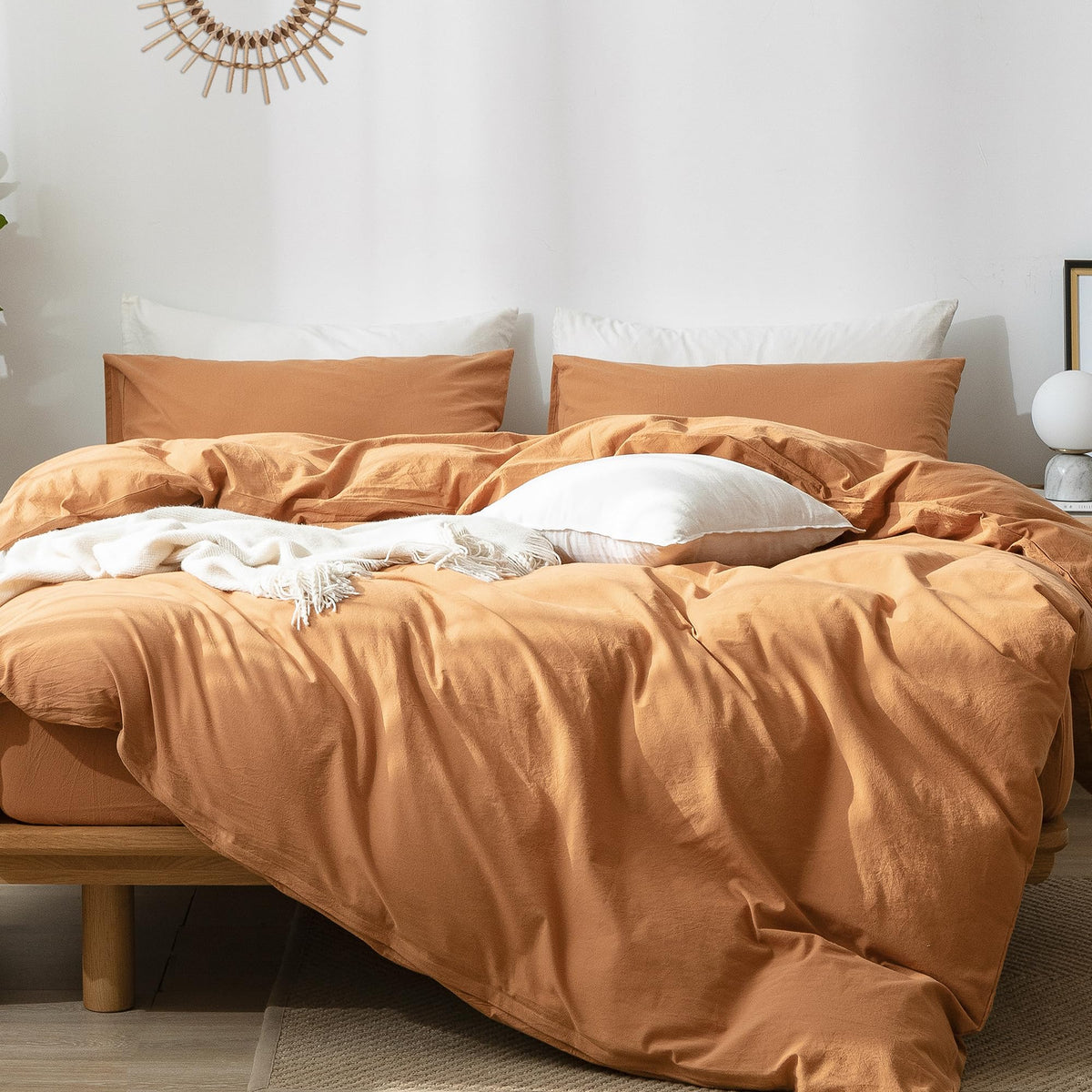 Moomee Bedding Duvet Cover Set 100% Washed Cotton Linen Like Textured Breathable Durable Soft Comfy (Burnt Orange, Oversized Que