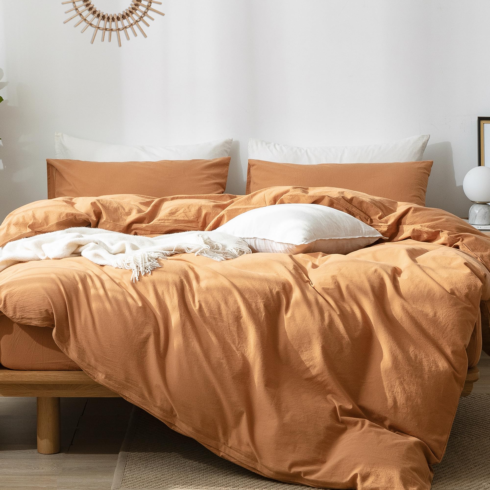 Moomee Bedding Duvet Cover Set 100% Washed Cotton Linen Like Textured Breathable Durable Soft Comfy (Burnt Orange, Super Queen)